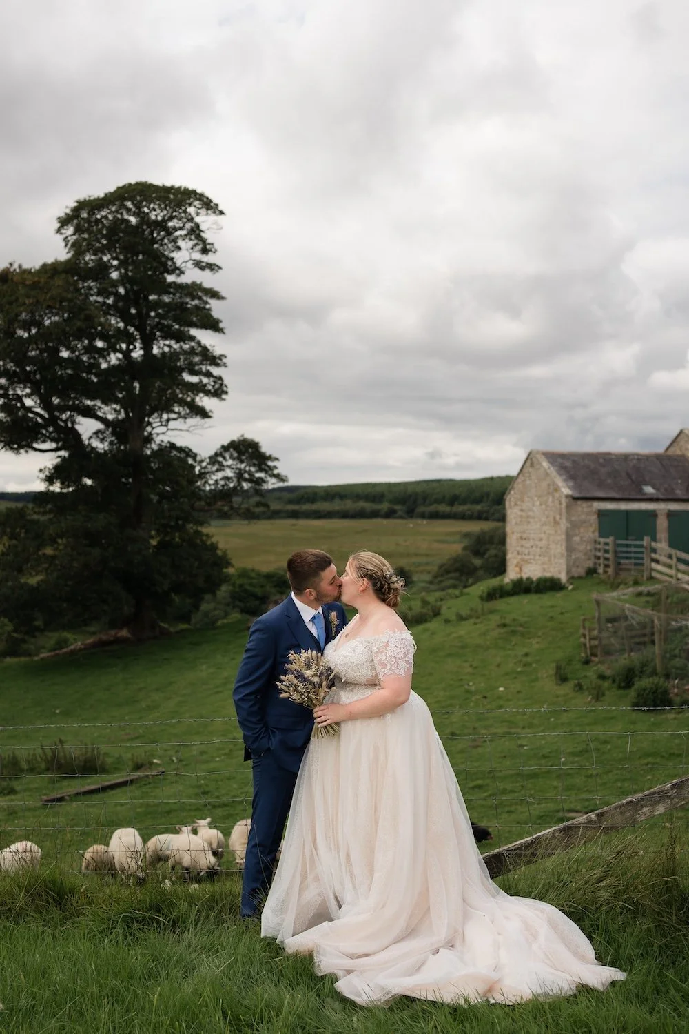 A bride and groom kiss outdoors on a cloudy day, with a barn and sheep in the background.