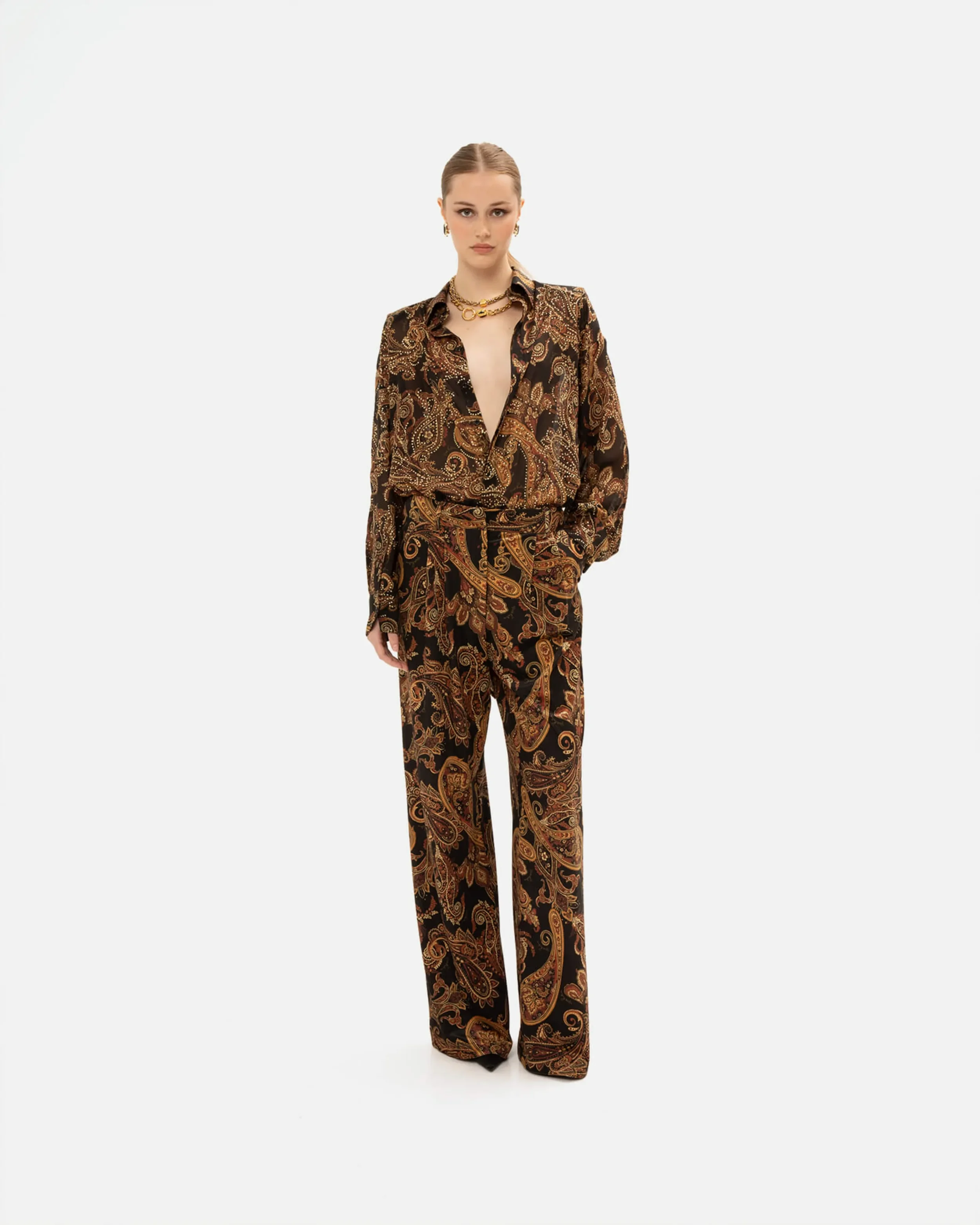 VASSIA KOSTARA GOLDEN-BROWN PAISLEY STRAIGHT-LEG PANTS