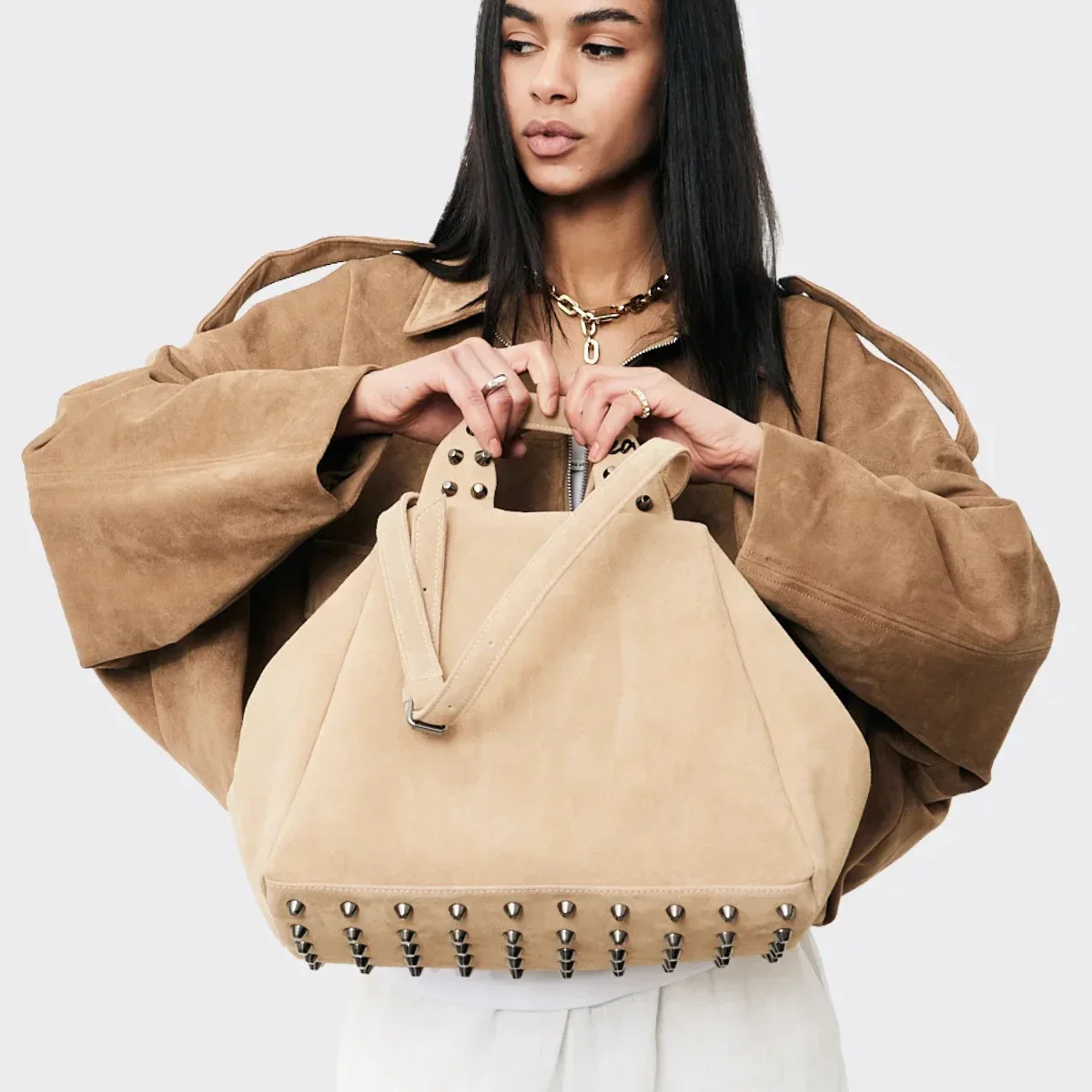 Bubble Bag Suede Τσαντα Χειρος Μπεζ Large