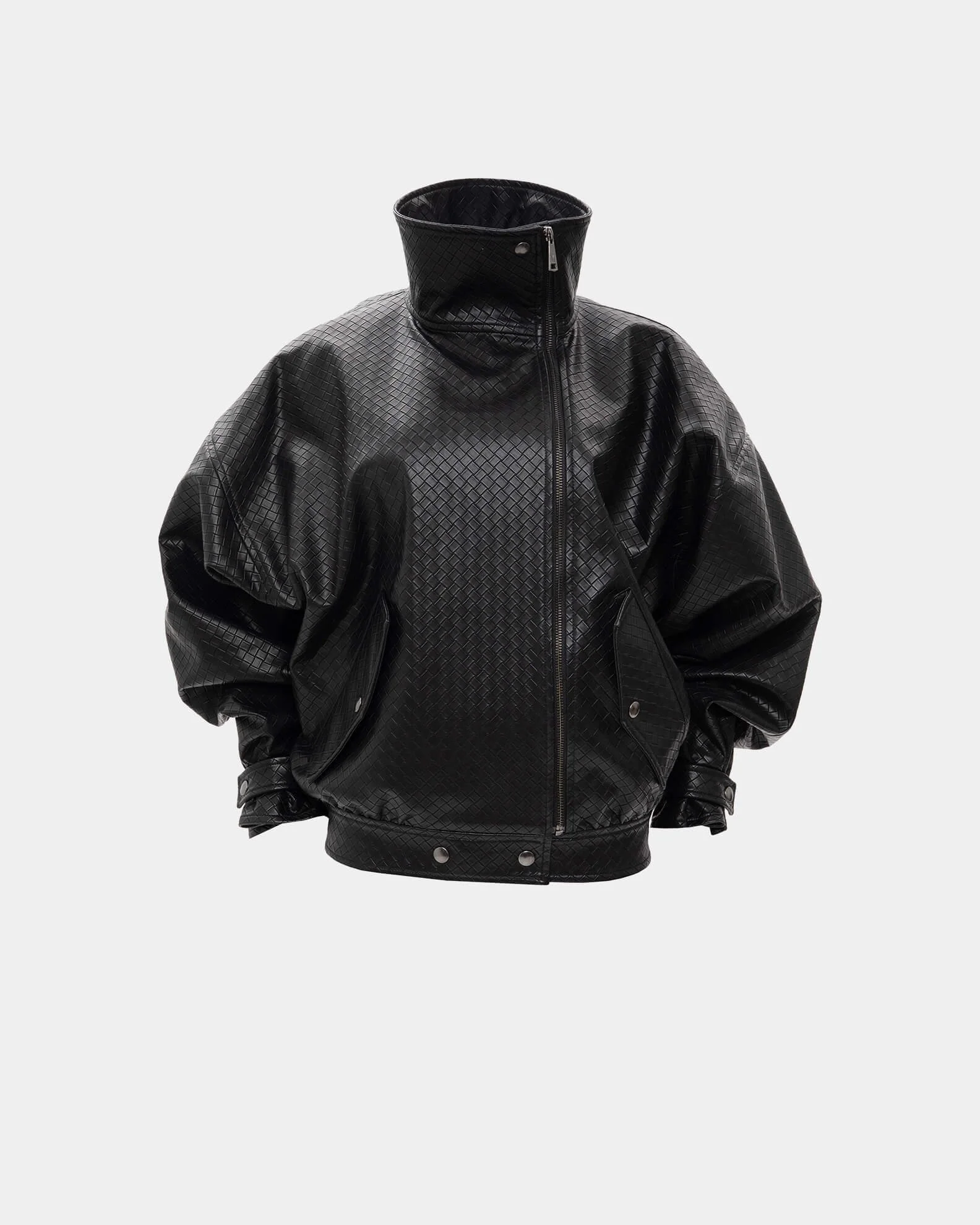 VASSIA KOSTARA PANAMA WEAVE BLACK BOMBER JACKET