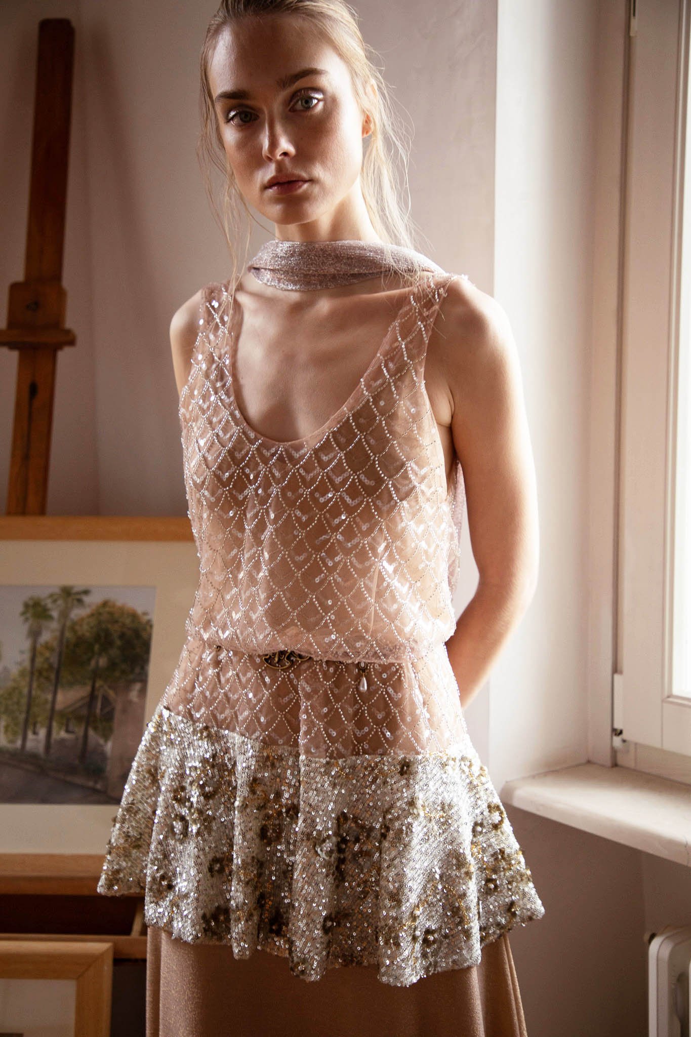 NIDODILEDA INFRAME TOP DRESS BEAD-EMBROIDERED SEQUINED HEM