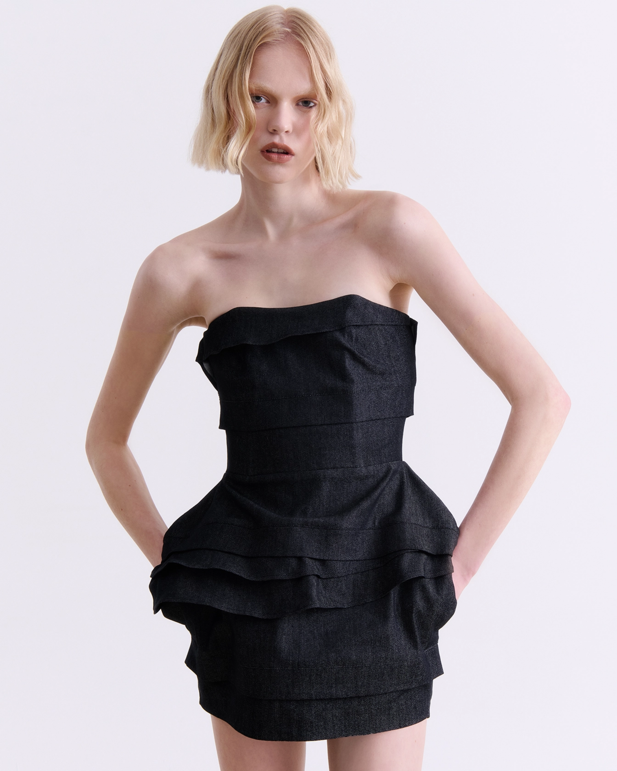 VASSIA KOSTARA BLACK DENIM MINI DRESS
