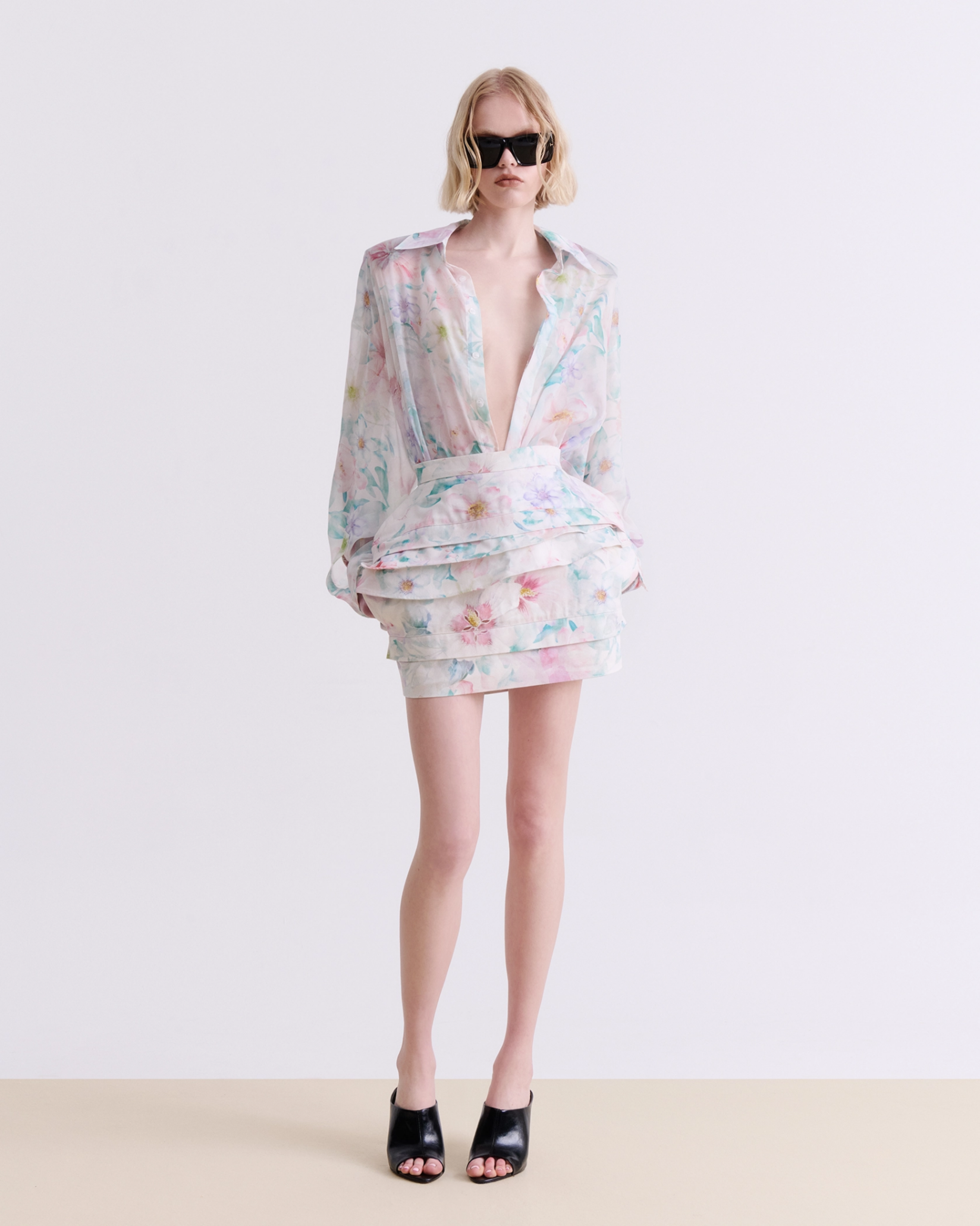 VASSIA KOSTARA PASTEL FLORAL DENIM MINI SKIRT