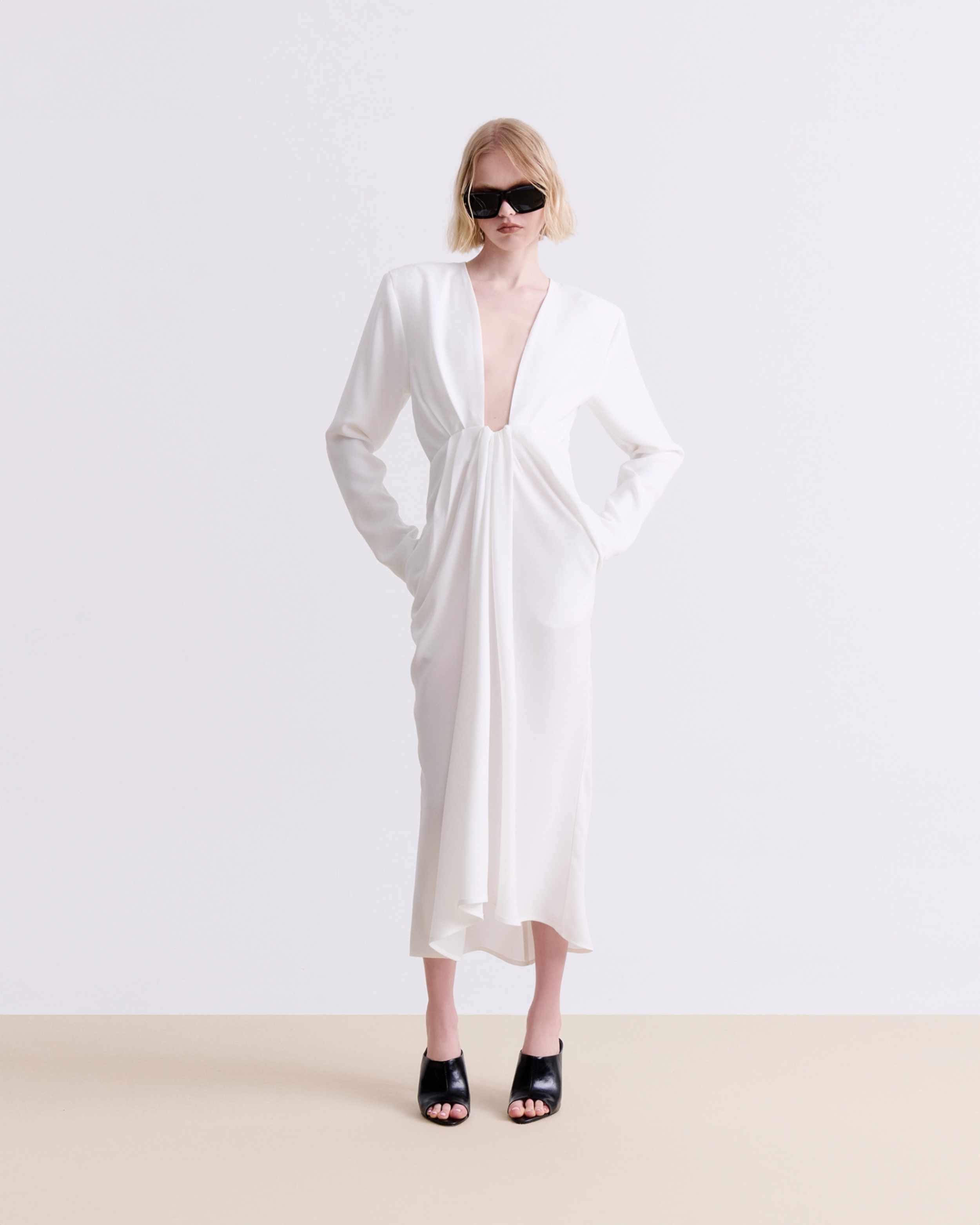 VASSIA KOSTARA WHITE DRAPED MIDI DRESS
