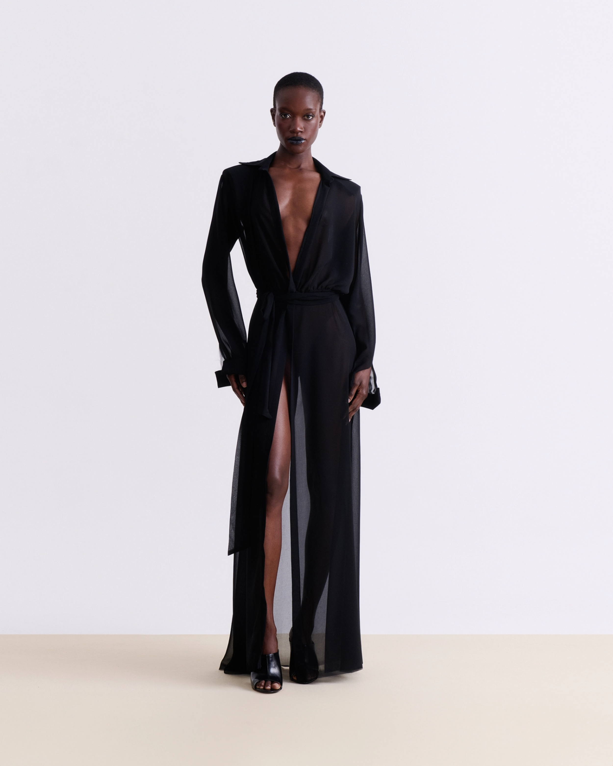 VASSIA KOSTARA BLACK SILK SHEER MAXI DRESS