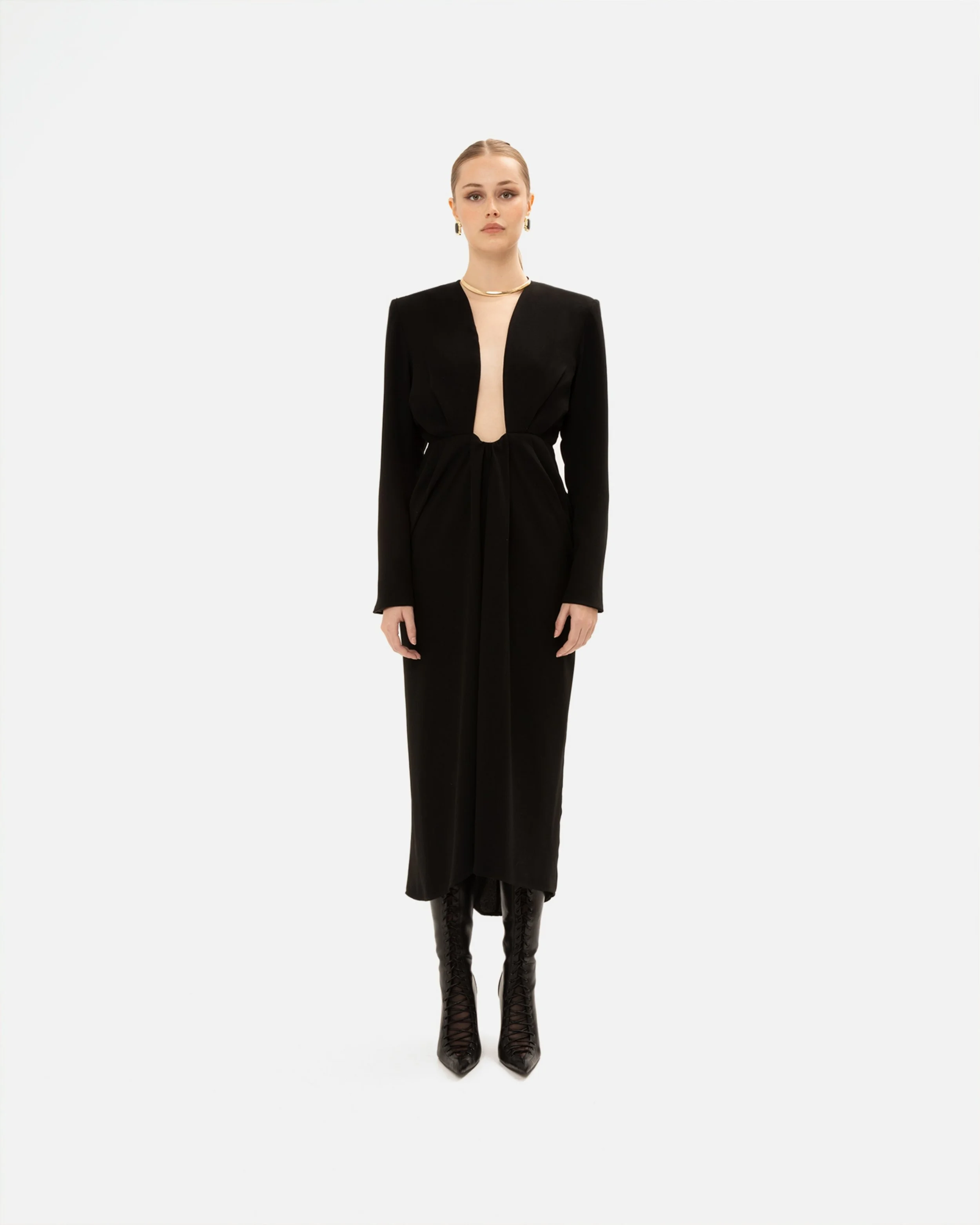 VASSIA KOSTARA BLACK SATIN MIDI DRESS