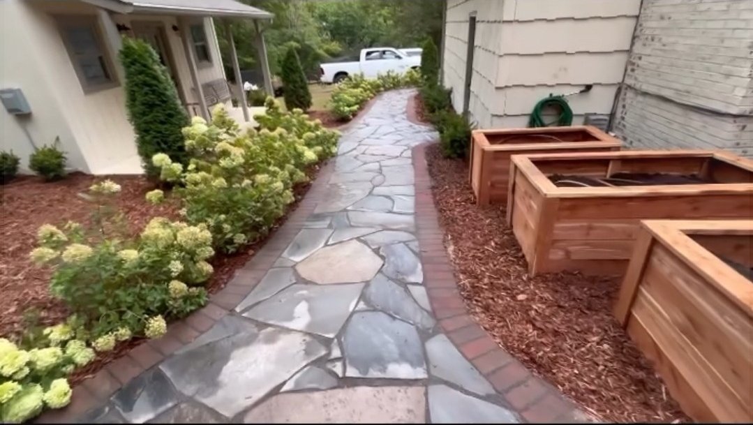 A winding stone pathway bordered by yellow-green plants with white flowers on the left and empty wooden planters on the right, leading to a white truck in a backyard.