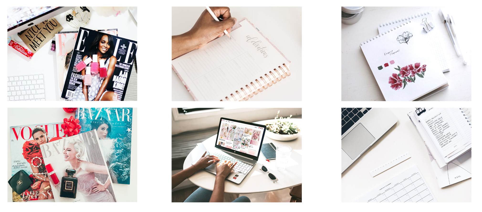 Collage of images featuring magazines, a planner, a digital planner, sketches of floral designs, and a laptop with a digital magazine on the screen, all related to lifestyle and content creation activities.