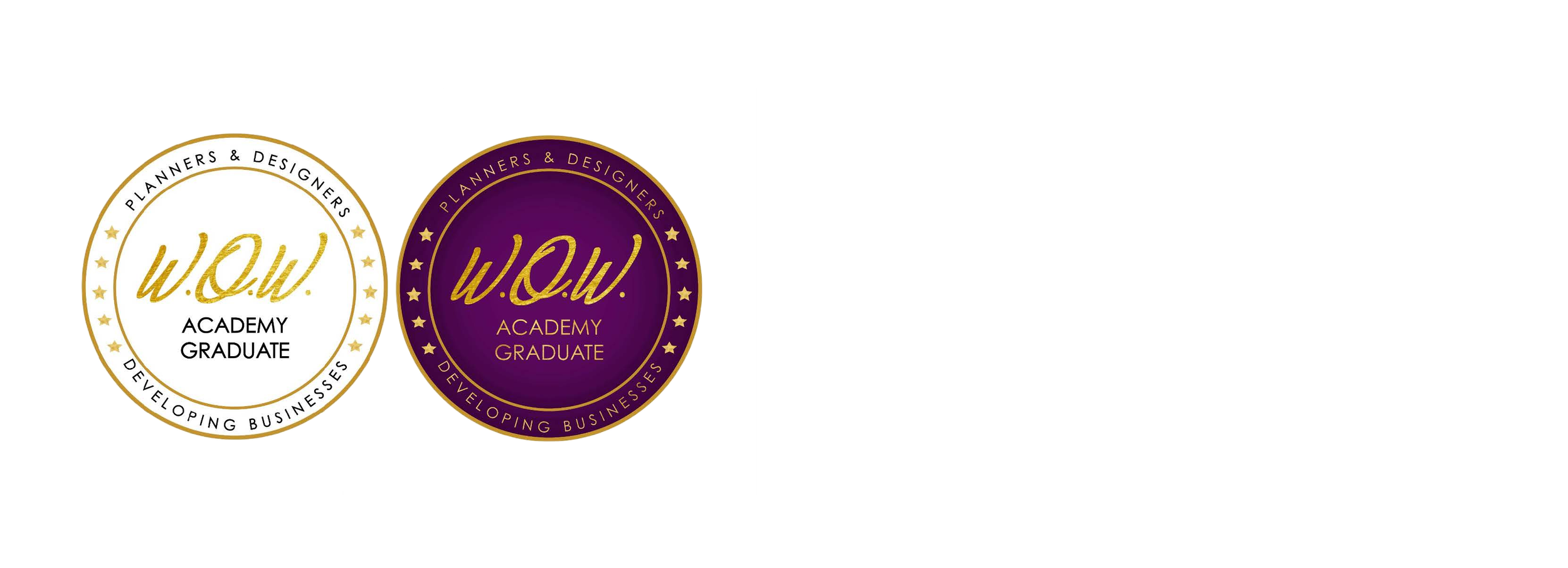 Two circular badges with gold and purple accents, reading 'W.Q.W. Academy Graduate' and 'Developing Business.'