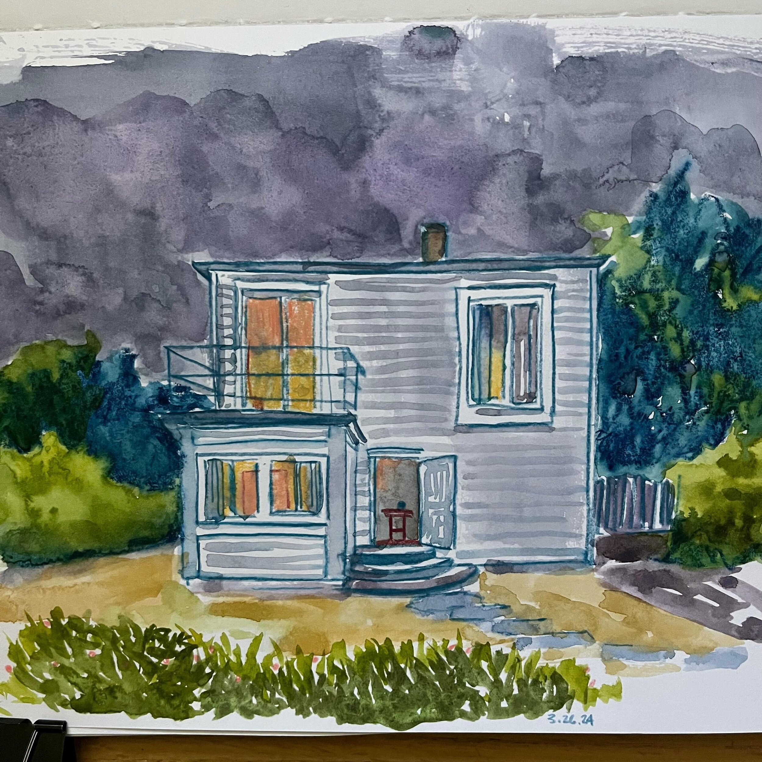 Dreamy sketch from last week. #sketchbook #dusk #landscape #suburbia #watercolor #neocolor2 #carandache #carandacheneocolor2 #carandachepencils #carandachemuseumaquarelle
