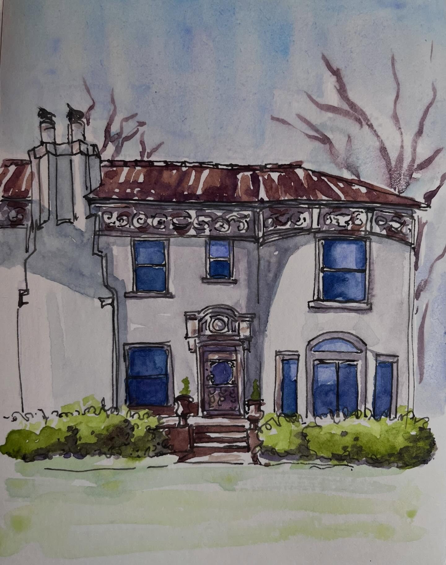 Take two of the same house photo by @thisplaceinhistory , this time with my old familiars, #inkandwatercolor #inkandwash #sketchbook #houseportrait #midtownmemphis