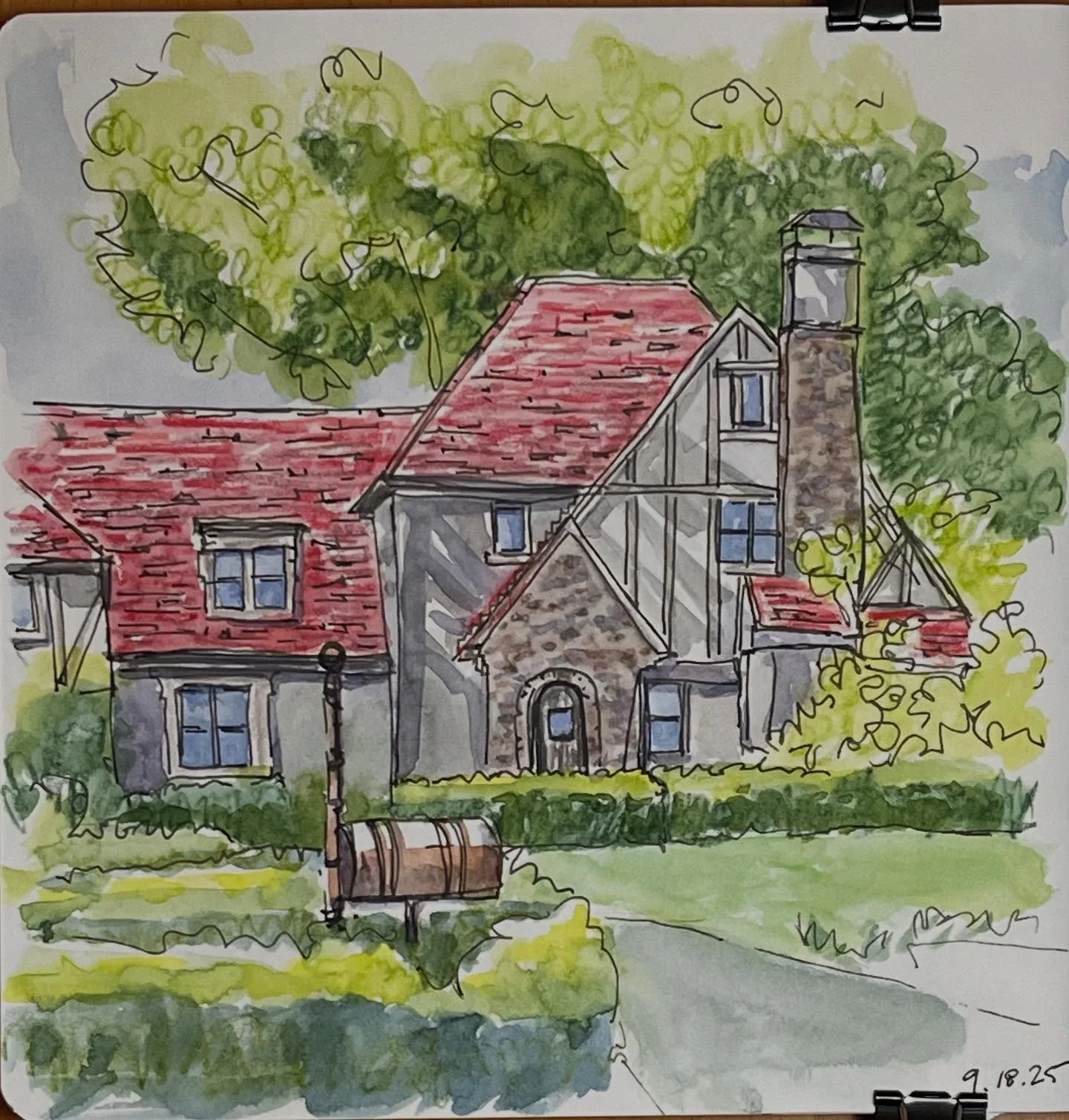 Yesterday&rsquo;s brain candy, The Corners house in St. Andrew&rsquo;s Fairway drawn from a photo by the ever talented @thisplaceinhistory #sketchbook #inkandwatercolor #inkandwash #sketchingnowbuildings #houseportrait #tudorhouse