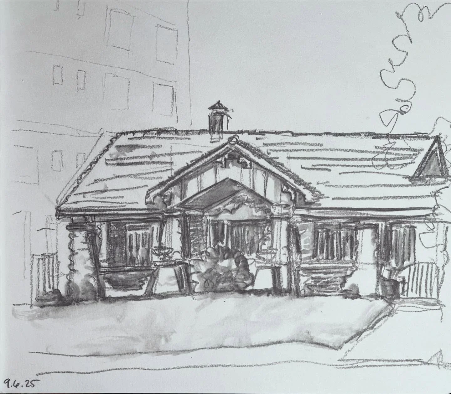 I&rsquo;m feeling out of practice with my usual ink and watercolor, so yesterday I went back to basics with water soluble graphite. Scenes around Overton Park. #urbansketchers #urbansketch #urbansketching #walktosee #sketchbook #sketchbookdrawing