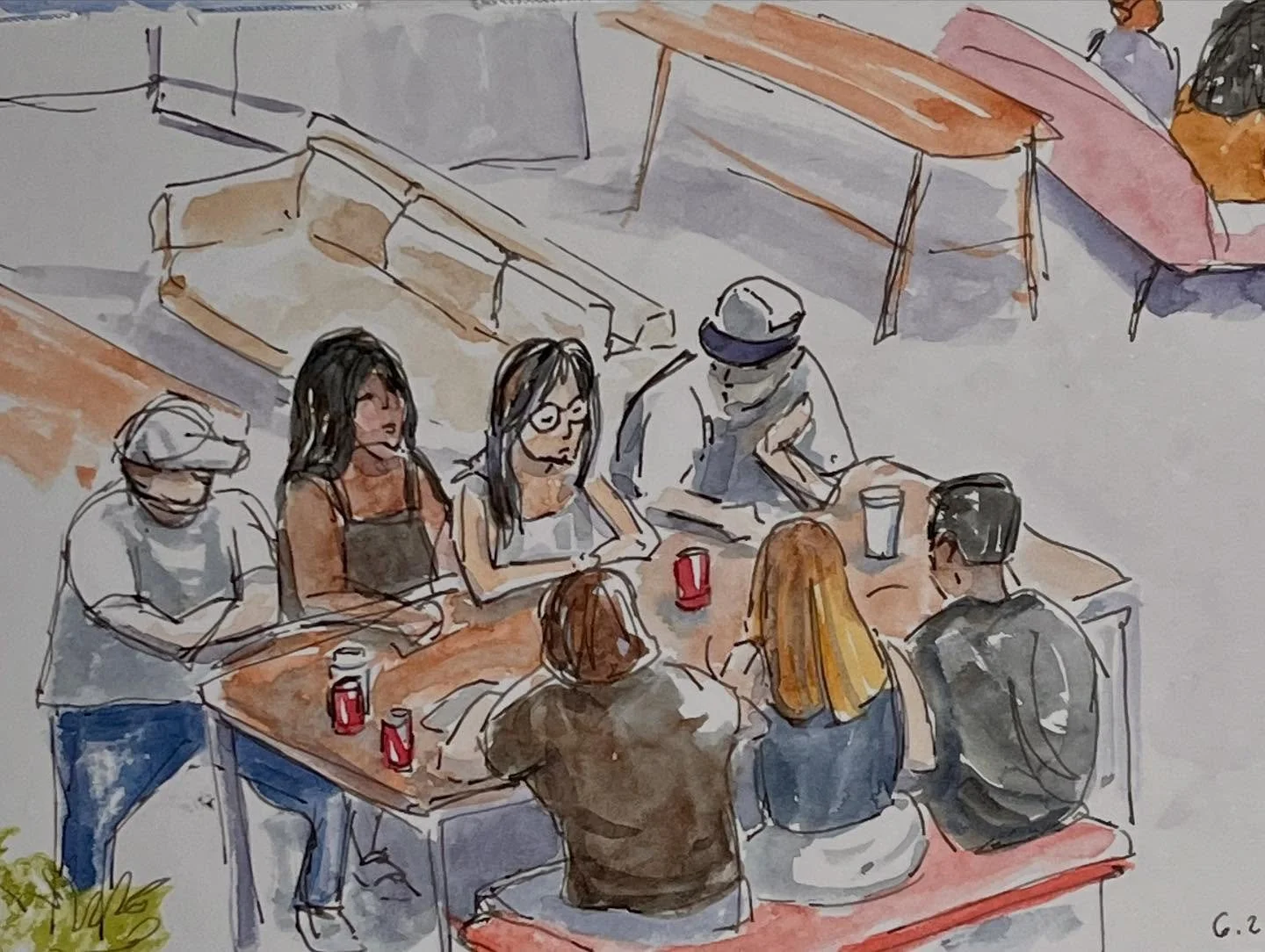 My power was out for the second time in three days, so I fled to @crosstownconcourse #sketchbook #urbansketch #urbansketching #urbansketchers #sketchingpeople #inkandwatercolor #inkandwash #walktosee