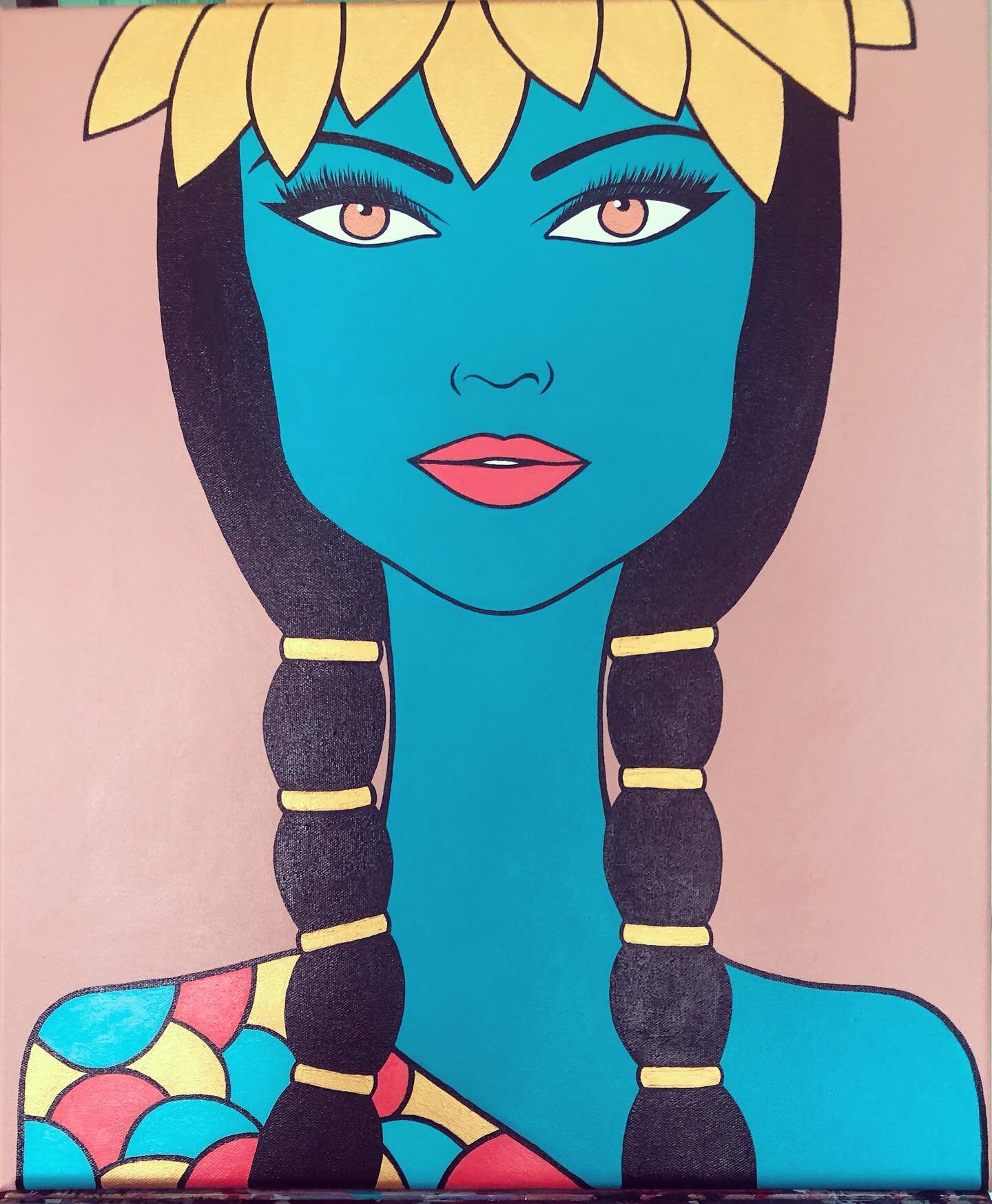 Hot off the press (well, canvas..!) my latest work. Hawaiian girl &ldquo;Angelica&rdquo; wears a gold leaf head-lei &amp; dark braids. Her face is rich teal, her eyes copper &amp; lips coral. All my paintings are 100% original, drawn in freehand &amp