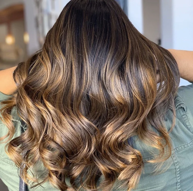  Caramel balayage on rich brunette hair with curled ends 