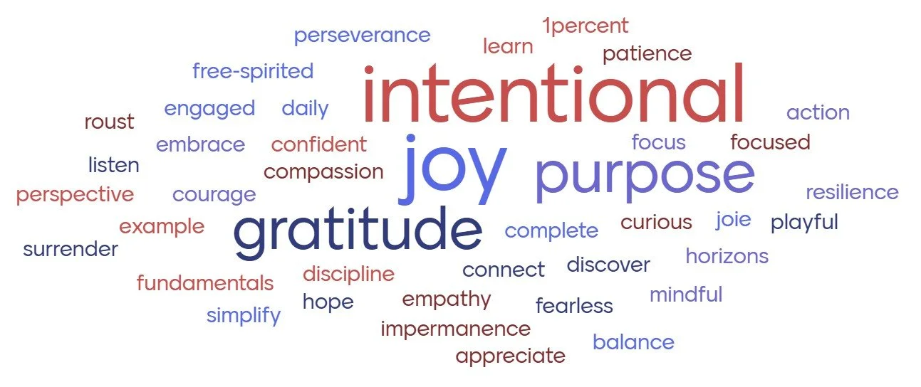 Word cloud highlighting inspiring One Word choices from past participants, offering ideas and direction for choosing your own guiding word.