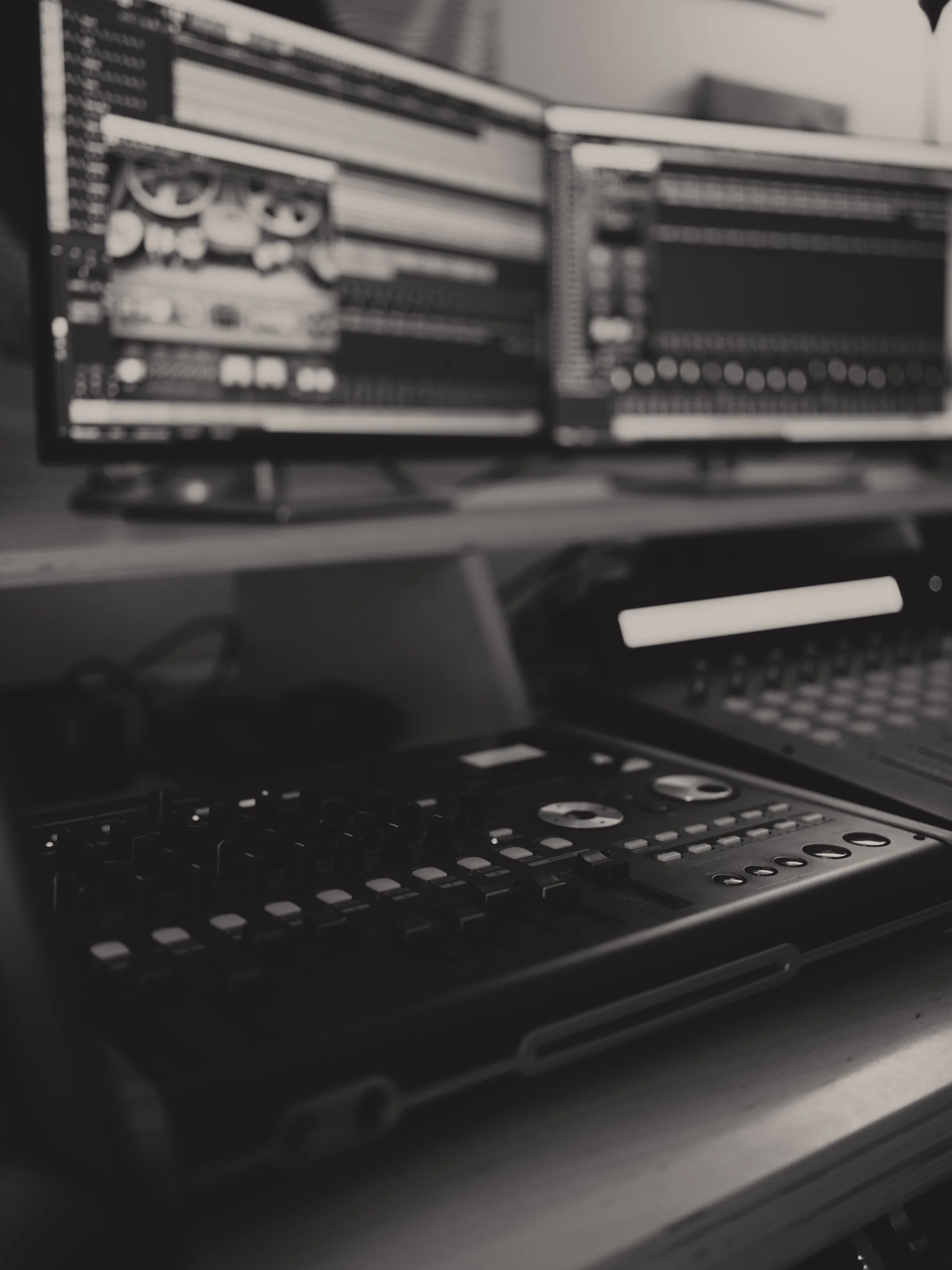A black and white photo of electronic music production equipment, including a computer monitor with audio editing software, a MIDI controller, and a digital audio workstation.