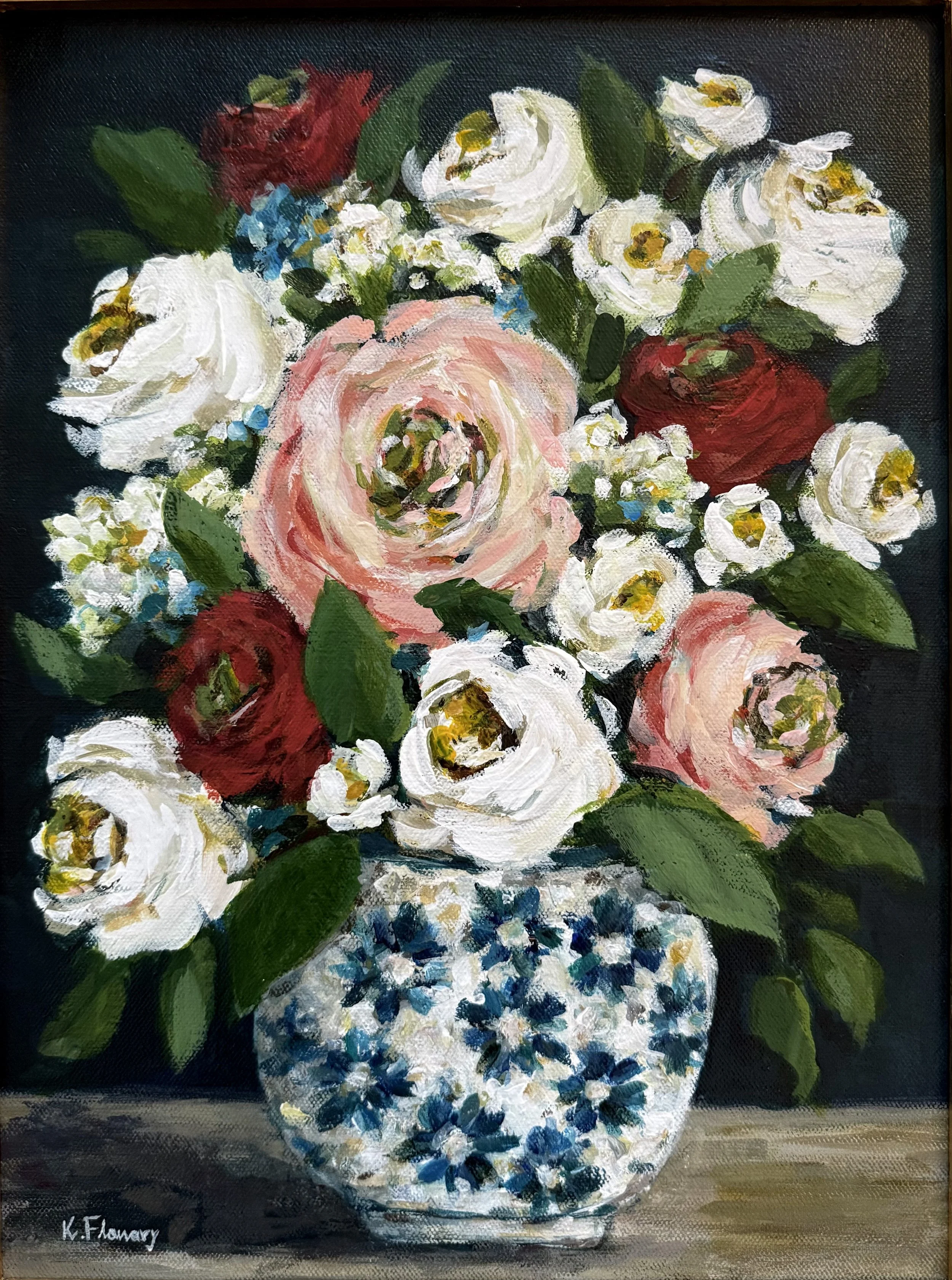 A Study in Petals and Clay I - 12" x 16" - acrylic on canvas, framed in gold leaf frame - SOLD