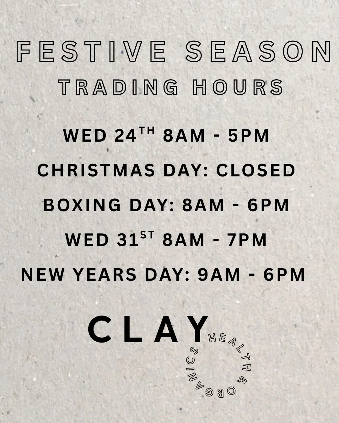 Open every day except for Christmas Day for all your festive food, snacks, gifts, treats, beer, wine, and of course a range of non-alcoholic drinks ! 

Happy holidays from all the team here at CLAY 💚

#clayhealthandorganics #carltonnorth #collingwoo