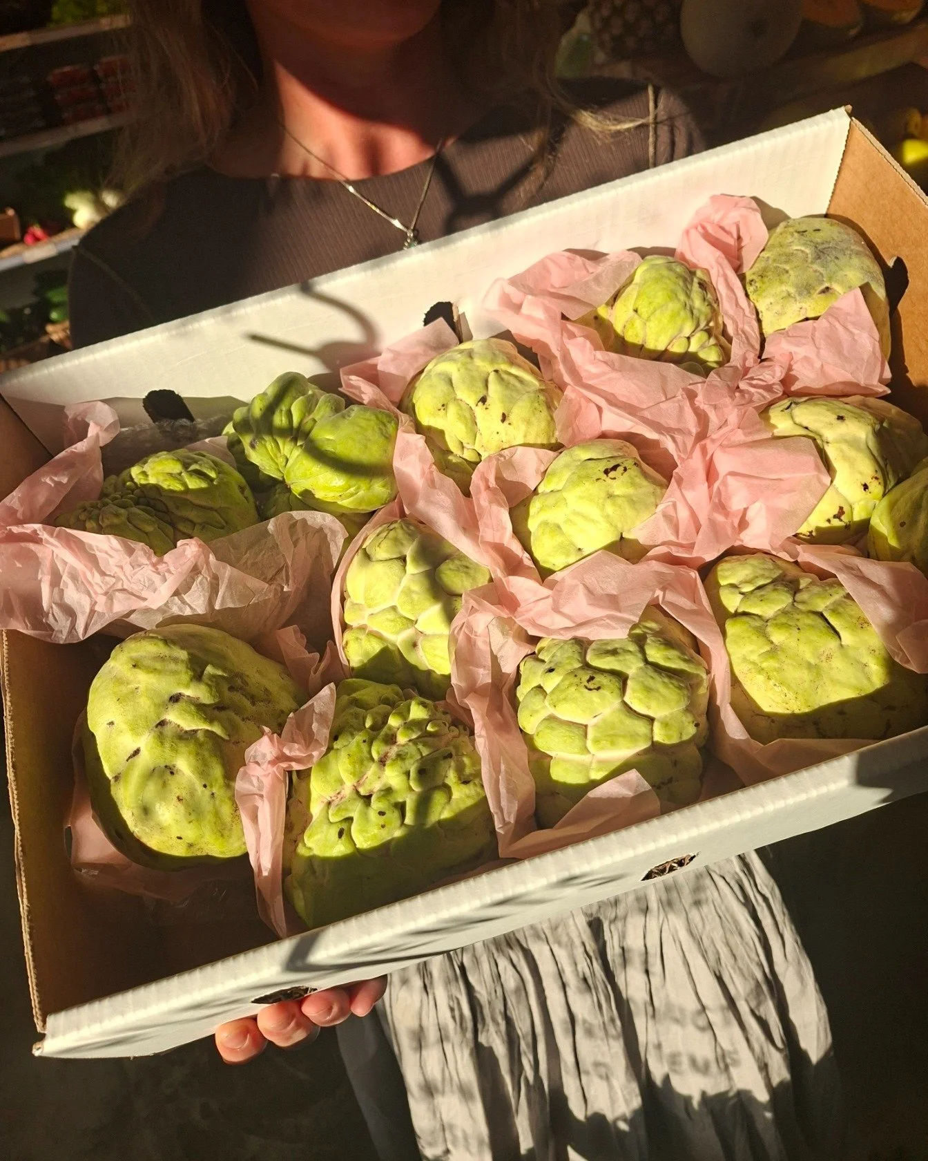 Custard Apples have landed! 
This unique fruit has a rich dessert-like taste, with hints of banana, pineapple and vanilla. With a creamy texture, Custard Apples literally melt in your mouth. 
Custard Apples are ready to eat when they are soft to touc