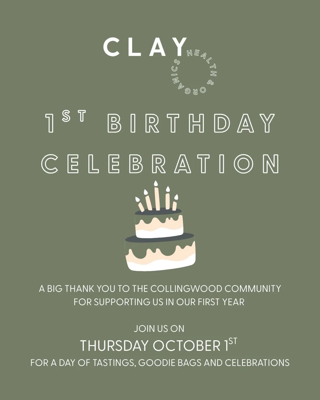Join us tomorrow, Thursday the 1st of October to celebrate one year of CLAY Health &amp; Organics Collingwood. Visit our Smith Street store for a day of tastings, goodie bags and celebrations. We can't wait to celebrate with our wonderful community! 