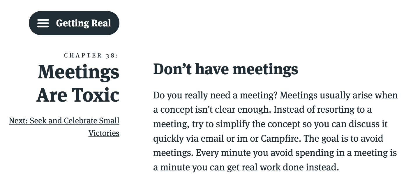 Example shown of a Basecamp blog, Meetings Are Toxic