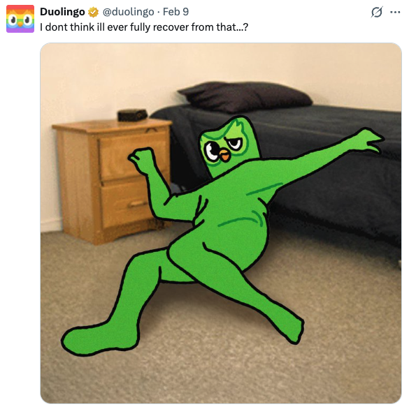 Image of a human-like Duolingo owl, lying on the floor
