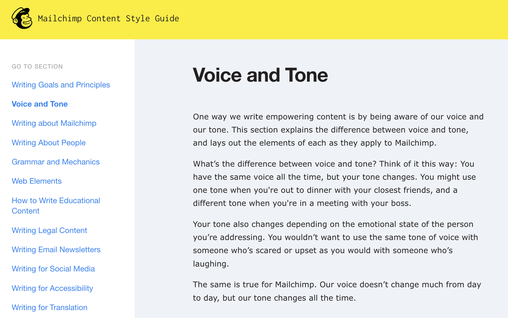 A screenshot of Mailchimp's Voice and Tone guide