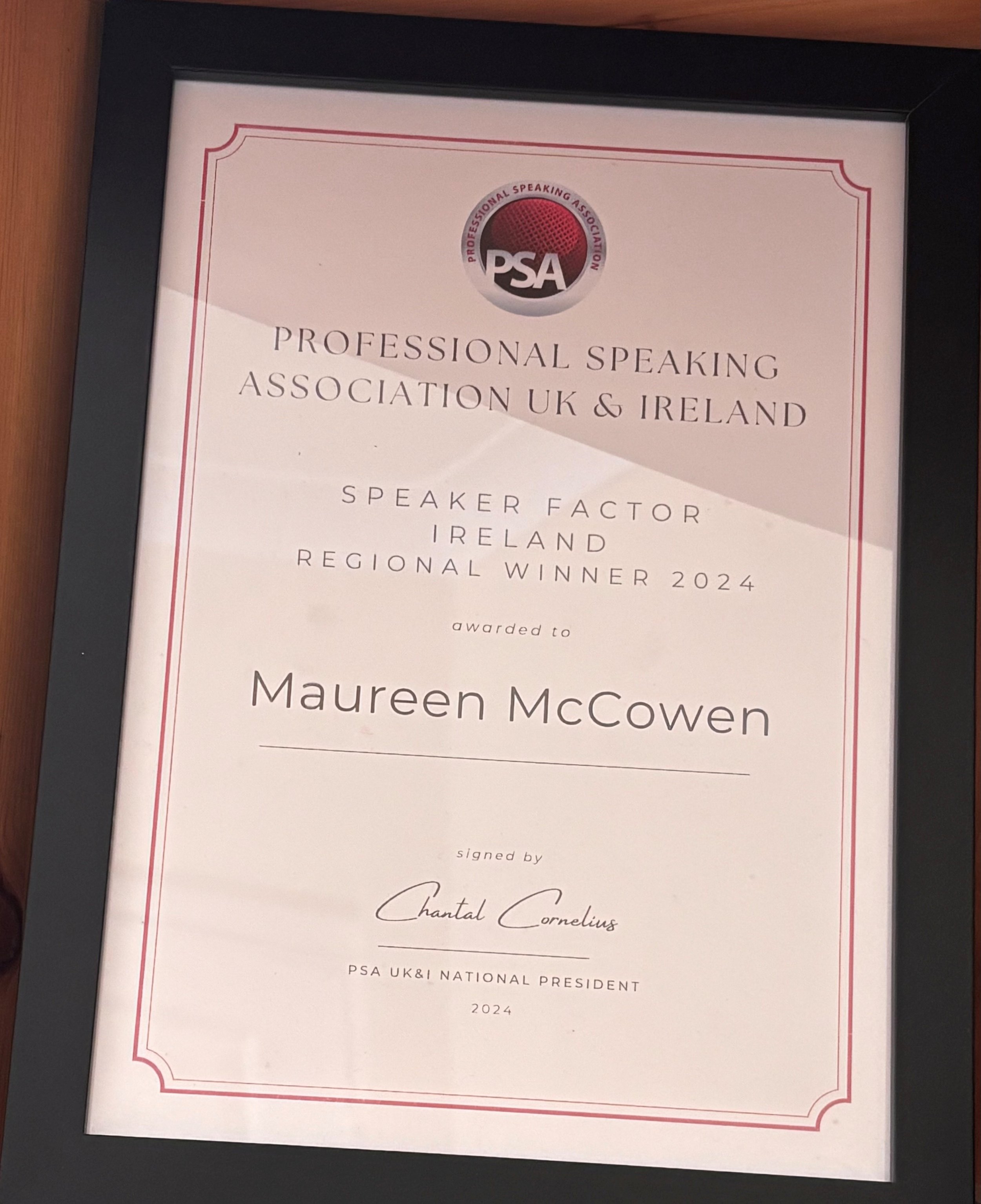 PSA Speaker Factor Winner certificate — Professional Speaking Association UK and Ireland 2024