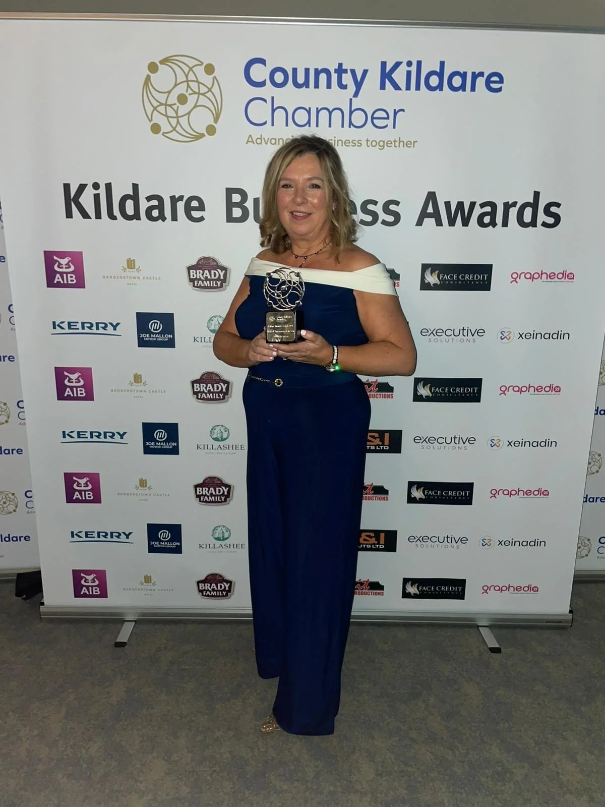 Maureen McCowen receiving Best Sole Entrepreneur award at the Kildare Business Awards 2025