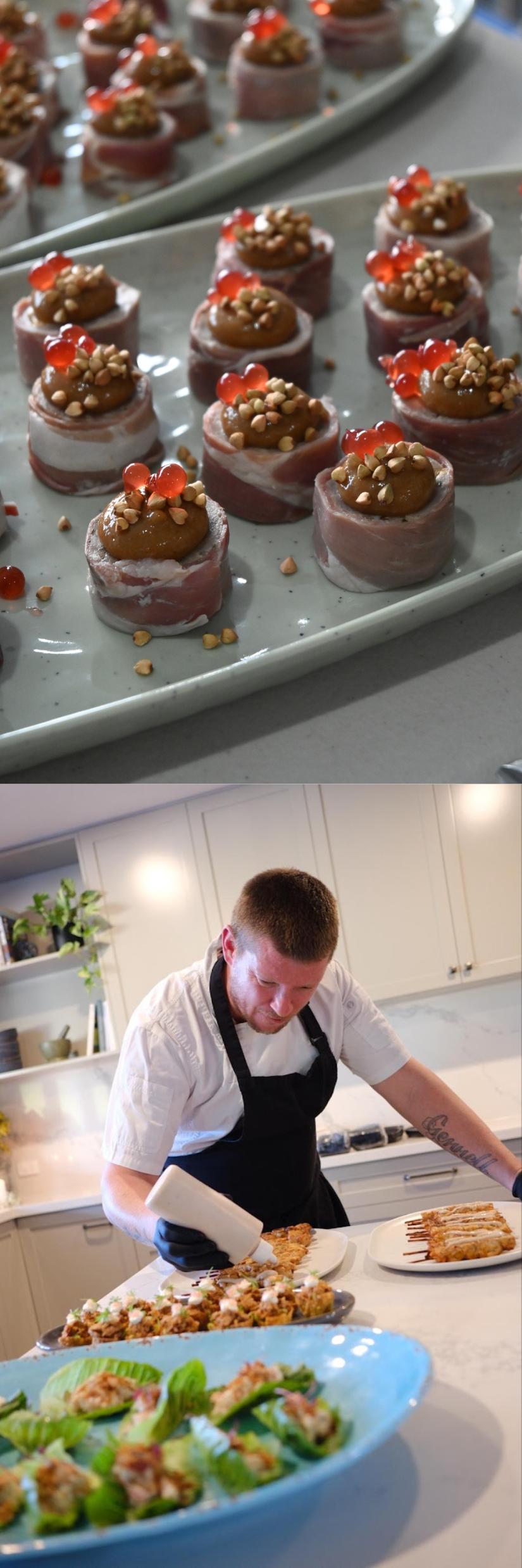 Top image shows small appetizers with wrapped meat, topped with brown sauce, small red beads, and chopped nuts on a ceramic platter. Bottom image depicts a chef decorating or preparing food in a modern kitchen with various dishes, including a green plate with filled greens and a tray of fried food.
