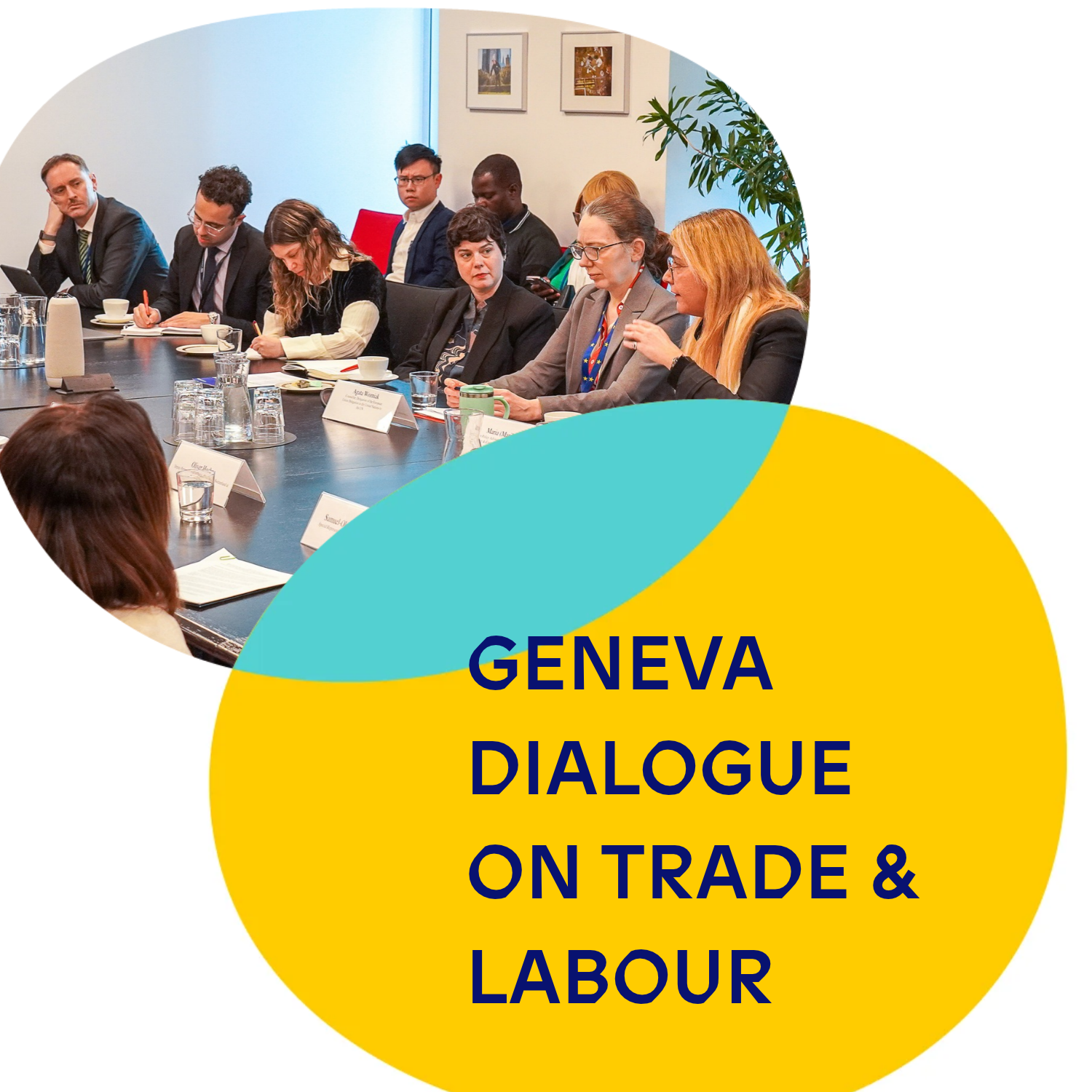 A group of people seated around a conference table during a meeting at Geneva Dialogue on Trade and Labour