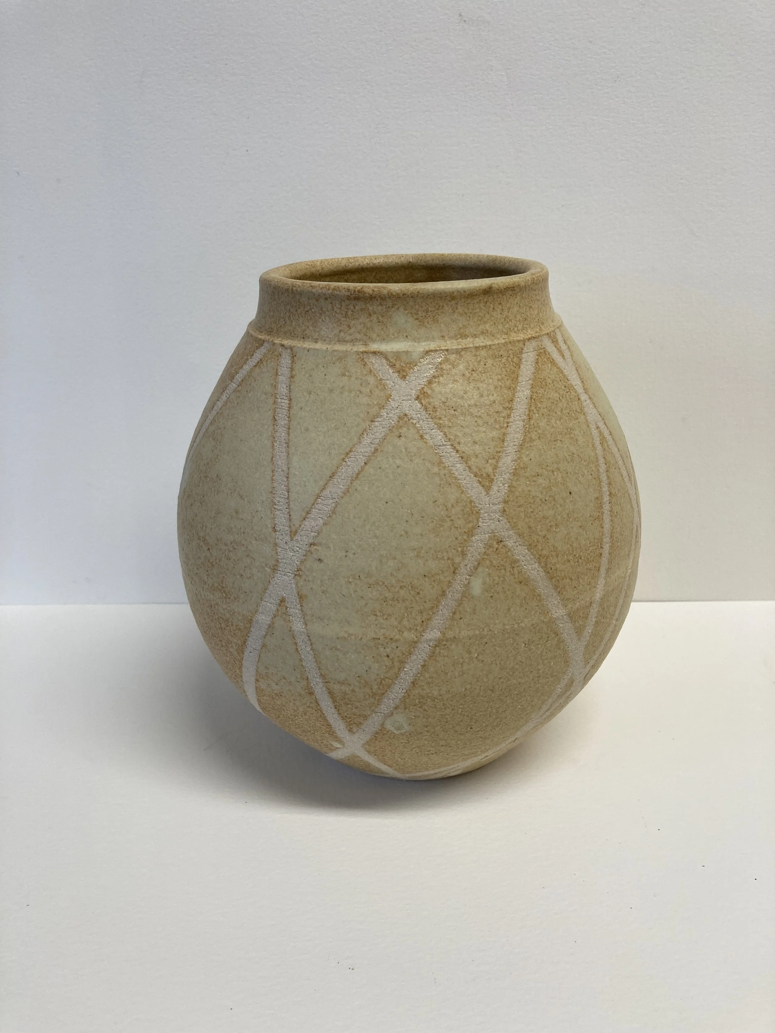 Thrown vase, striped resist 
