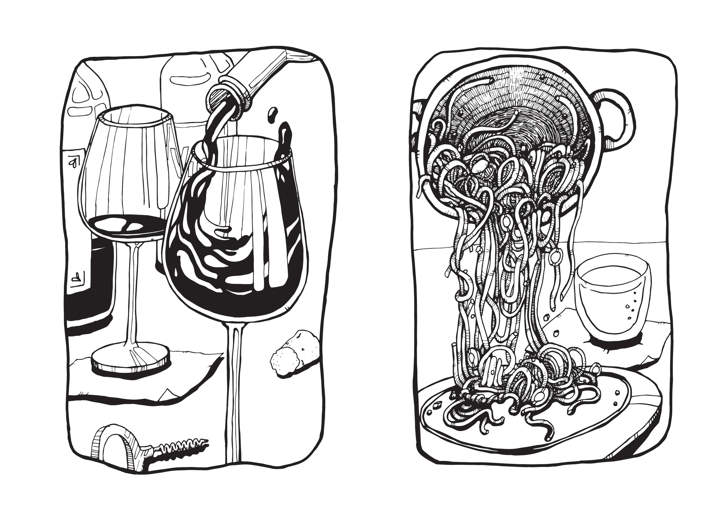 'Wine after Work' and 'Spaghetti Bowl'. From the sketchbook food series. Fine line markers on paper.