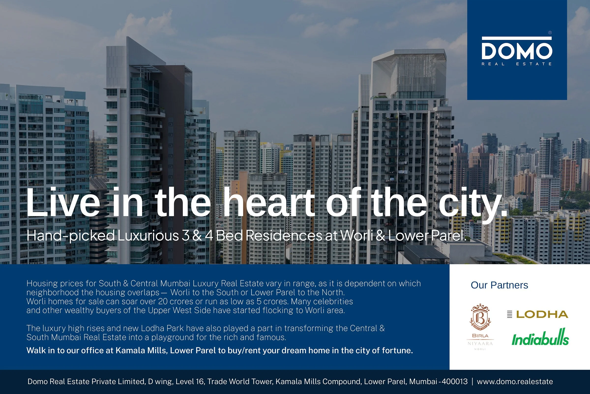 Advertisement image showcasing high-rise residential buildings in Mumbai, promoting luxury apartments at Worli and Lower Parel by Domo Real Estate.