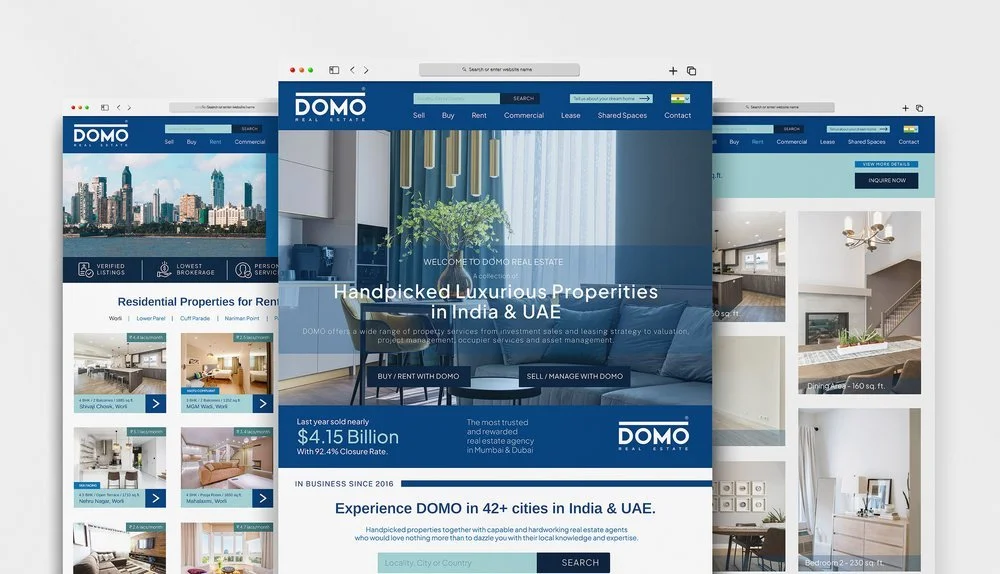 Screenshots of a real estate website called DOMO, showing properties and services for buying, selling, and renting luxury properties in India and UAE.