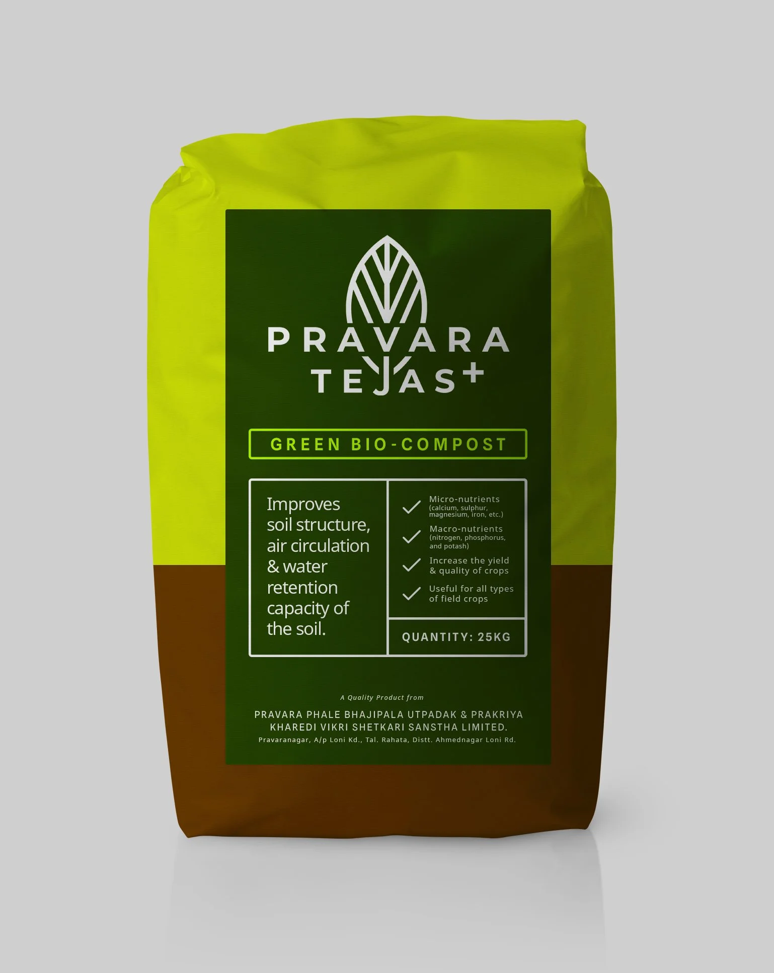 A 25 kg bag of Pravara Tejas+ Green Bio-Compost with green and brown packaging, featuring label details about its benefits and ingredients.