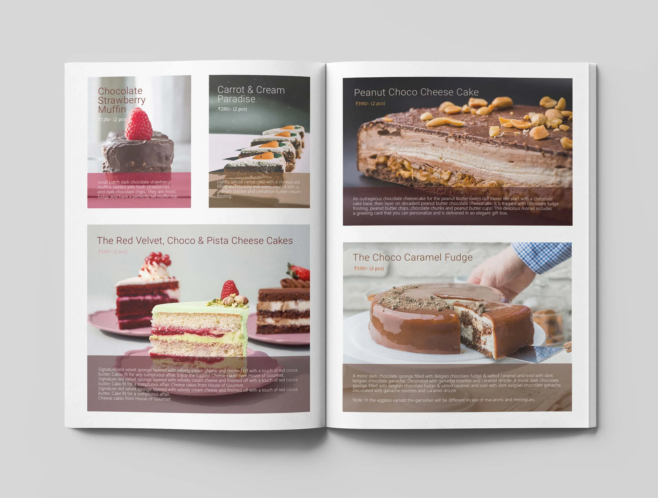 Open bakery menu featuring various cakes and desserts with descriptive text and prices.