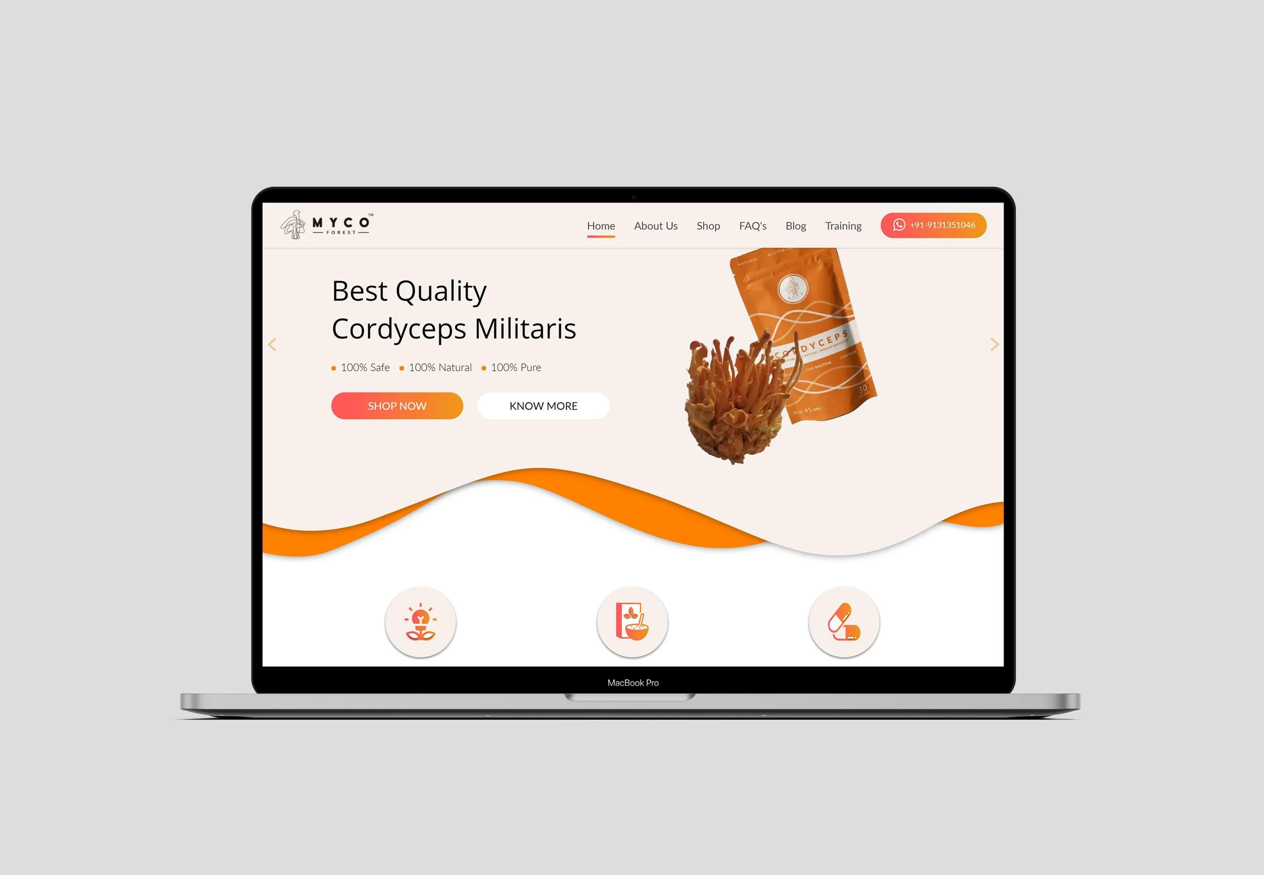 Laptop displaying a website for MYCO Forest, featuring cordyceps militaris mushroom supplement, with slogan 'Best Quality Cordyceps Militaris' and buttons for 'Shop Now' and 'Know More'.