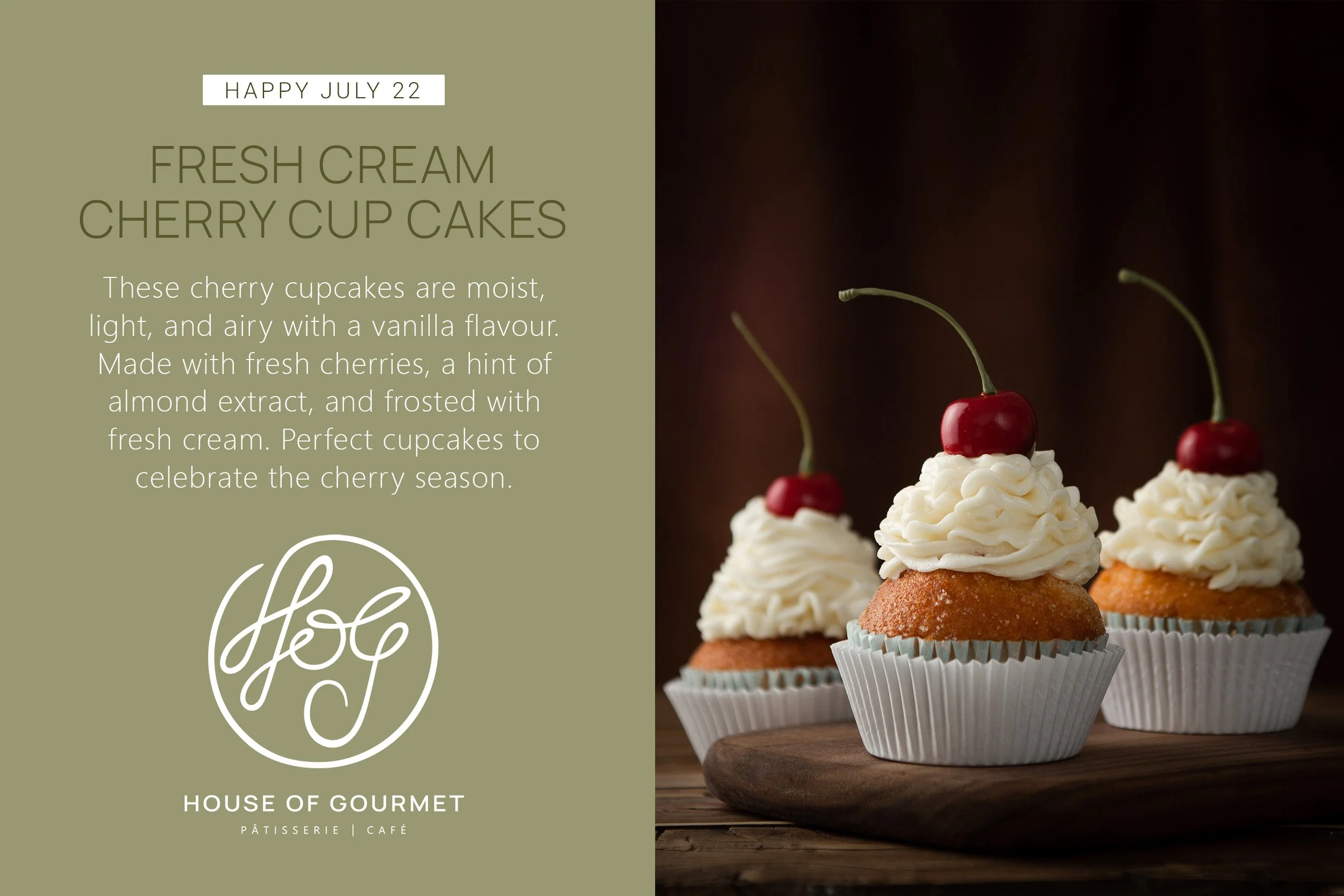 Three cherry cupcakes with white frosting and cherries on top, placed on a wooden surface.