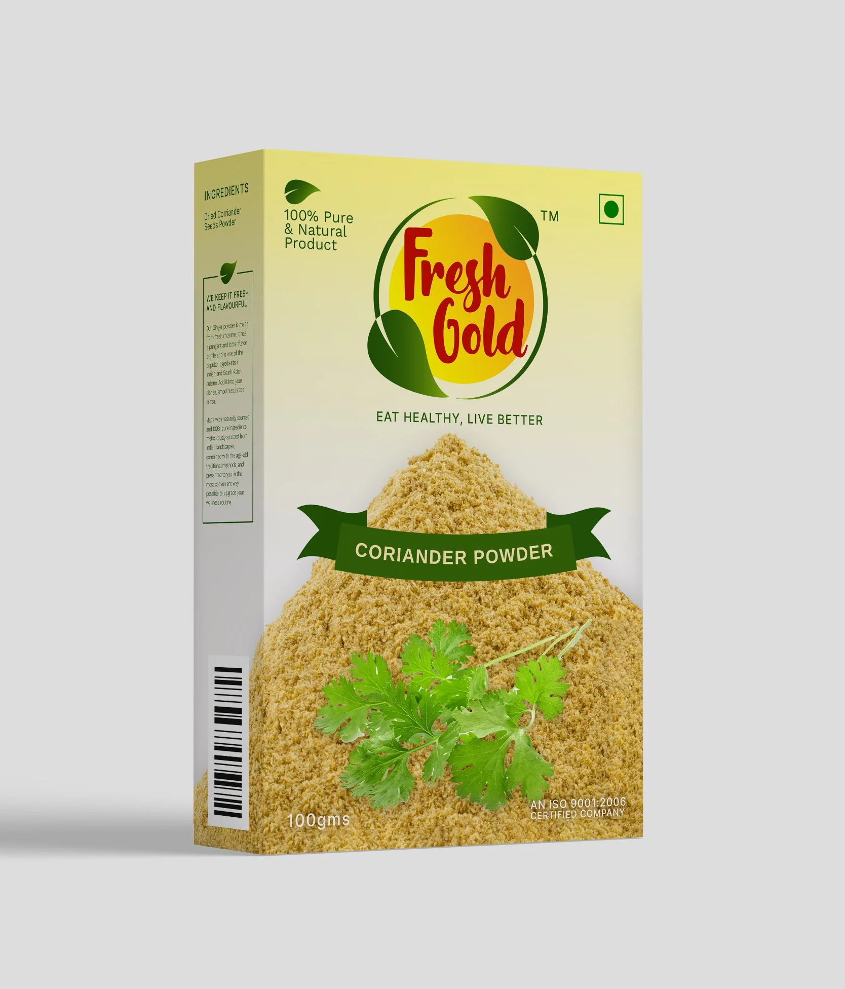A box of Fresh Gold coriander powder with a picture of coriander leaves and a mound of ground coriander on the front.