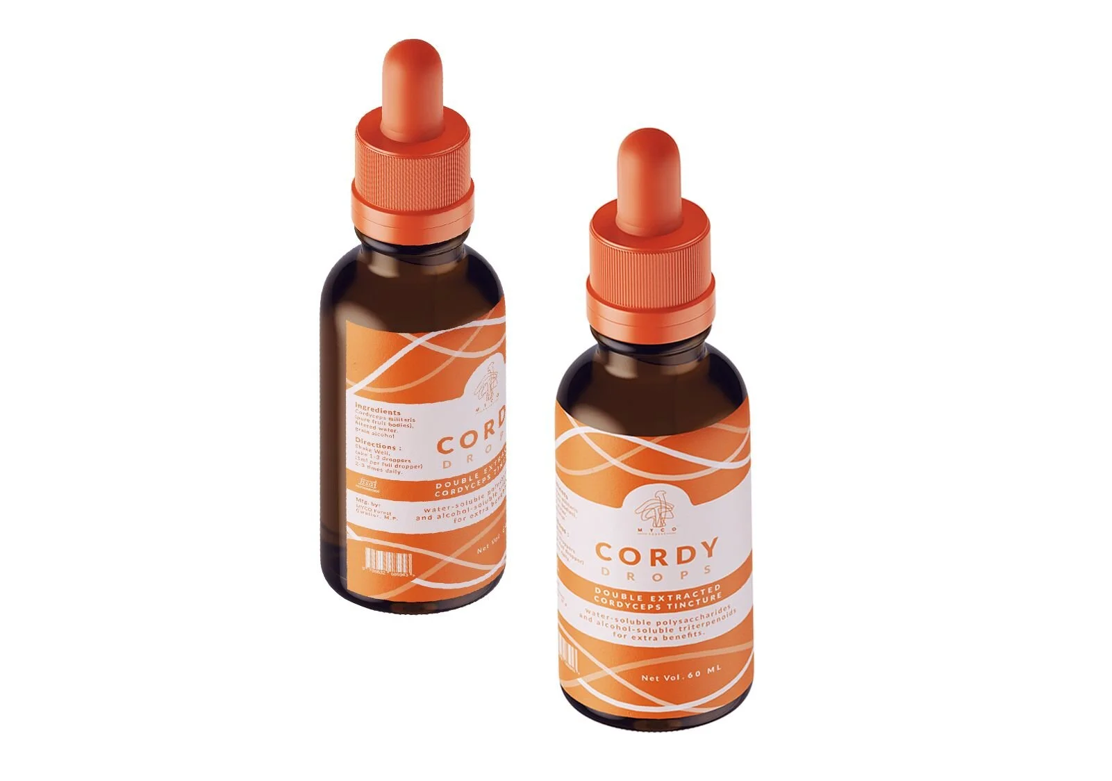 Two amber glass bottles labeled 'Cordy Drops' with orange and white labels, containing double extracted Cordyceps tincture, with dropper caps.