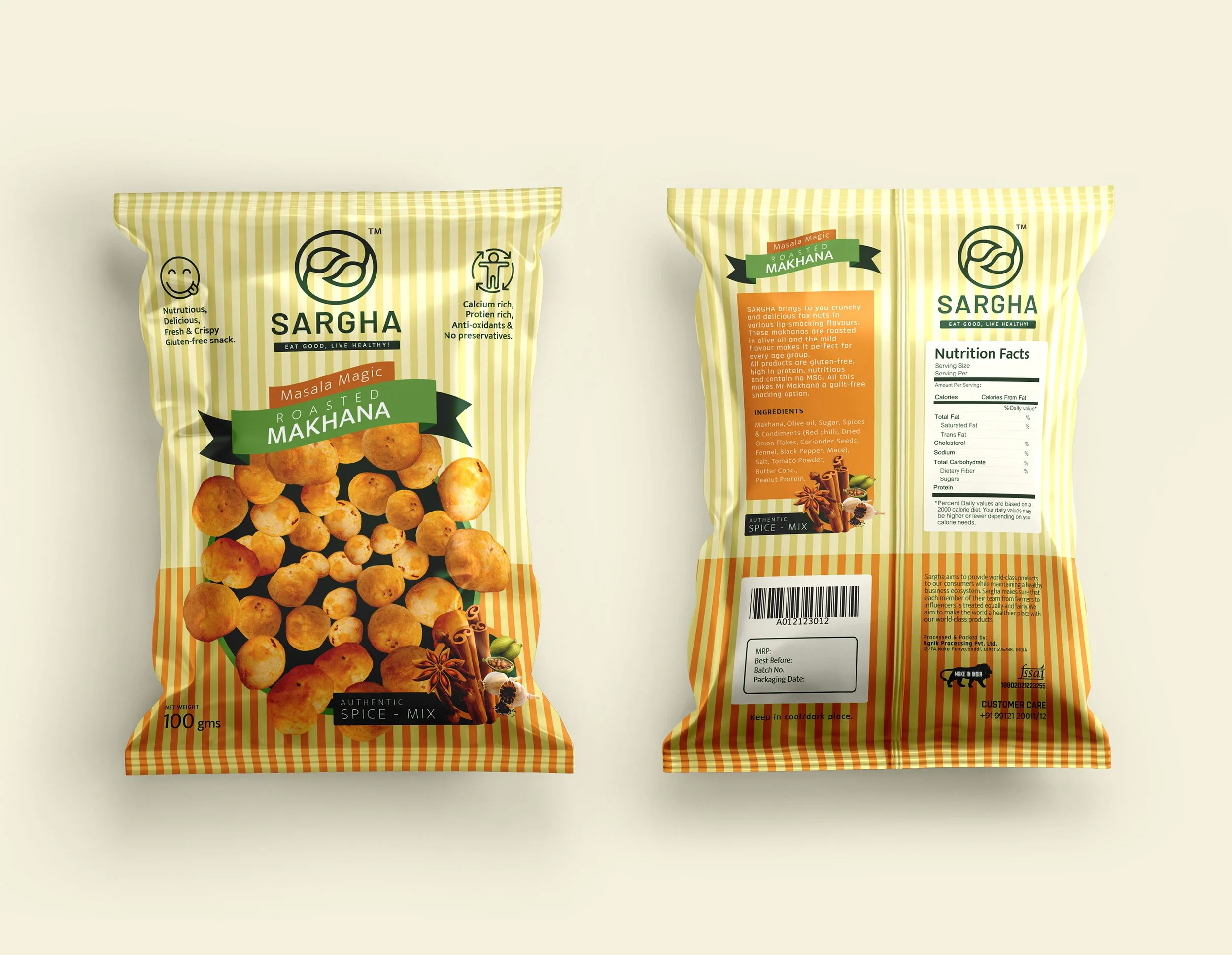 Packaged snack of roasted makhana, with front and back views, decorated with spices and star anise illustrations.
