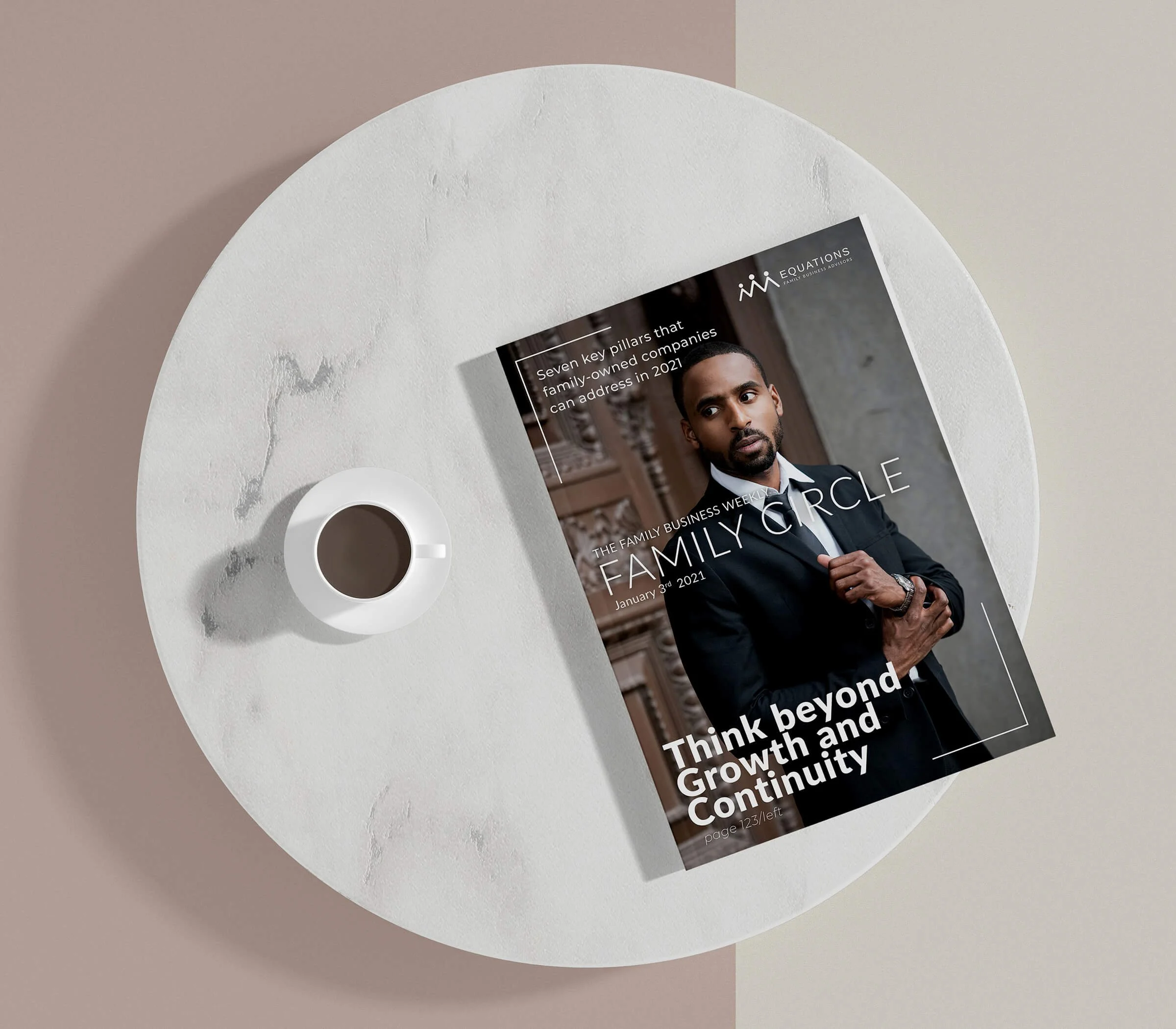 Magazine titled "Family Circle" on a white round table with a cup of coffee beside the magazine.