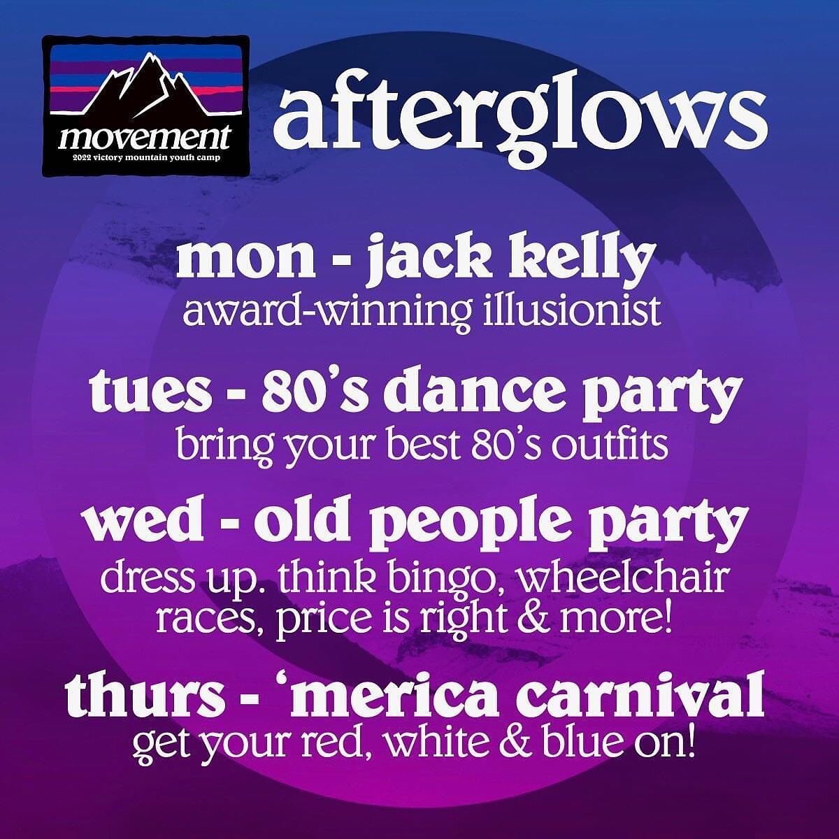 Heading to @victorymountaincamp this week? Check this weeks nightly themes!