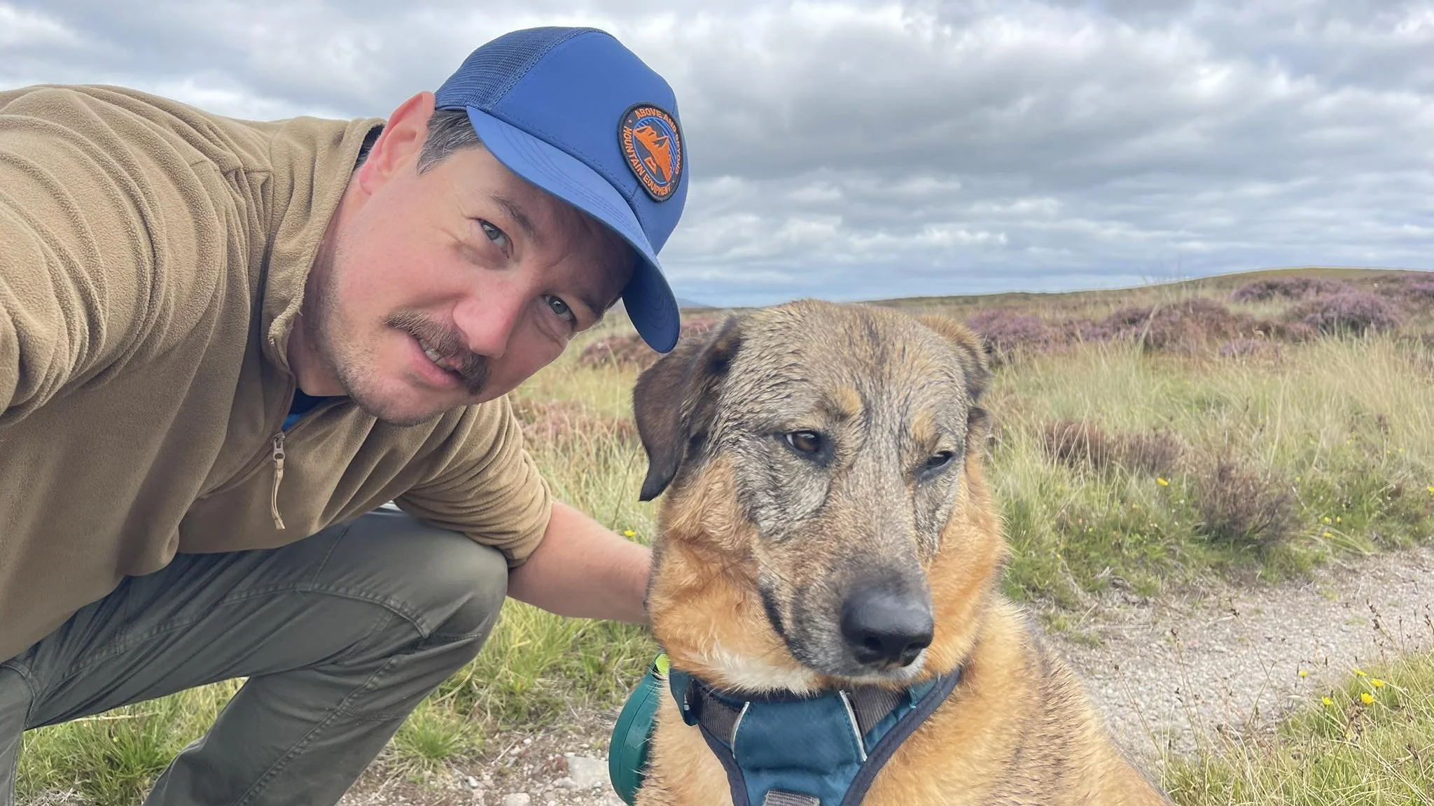 A man taking a selfie with a large dog in a grassy, hilly outdoor setting during daytime. The man is wearing a blue cap and a tan fleece jacket, and the dog is wearing a harness.