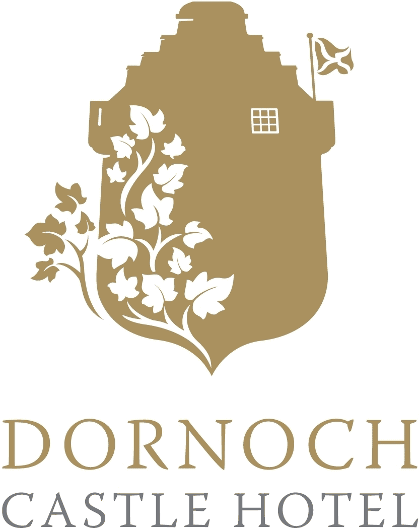A logo for Dornoch Castle Hotel featuring a castle tower with a coat of arms, a flag, and decorative foliage in gold and gray colors.