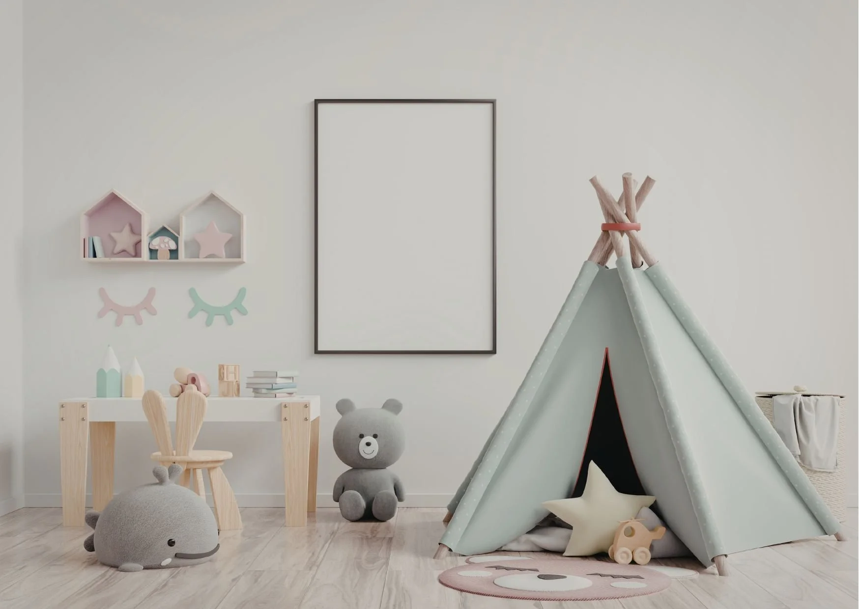 Children’s playroom with bunny chair, mint tent, plush toys, and pastel decorations.