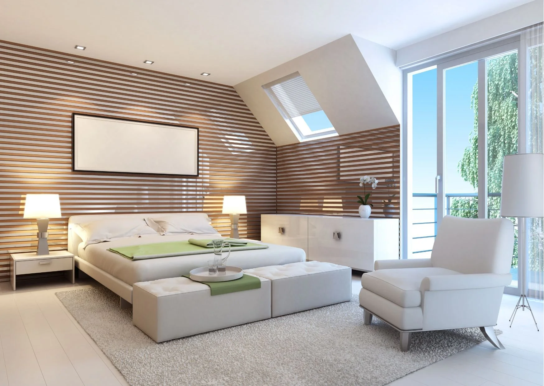 Modern attic bedroom with horizontal wood slat accent wall, platform bed, white furniture, and abundant natural light.